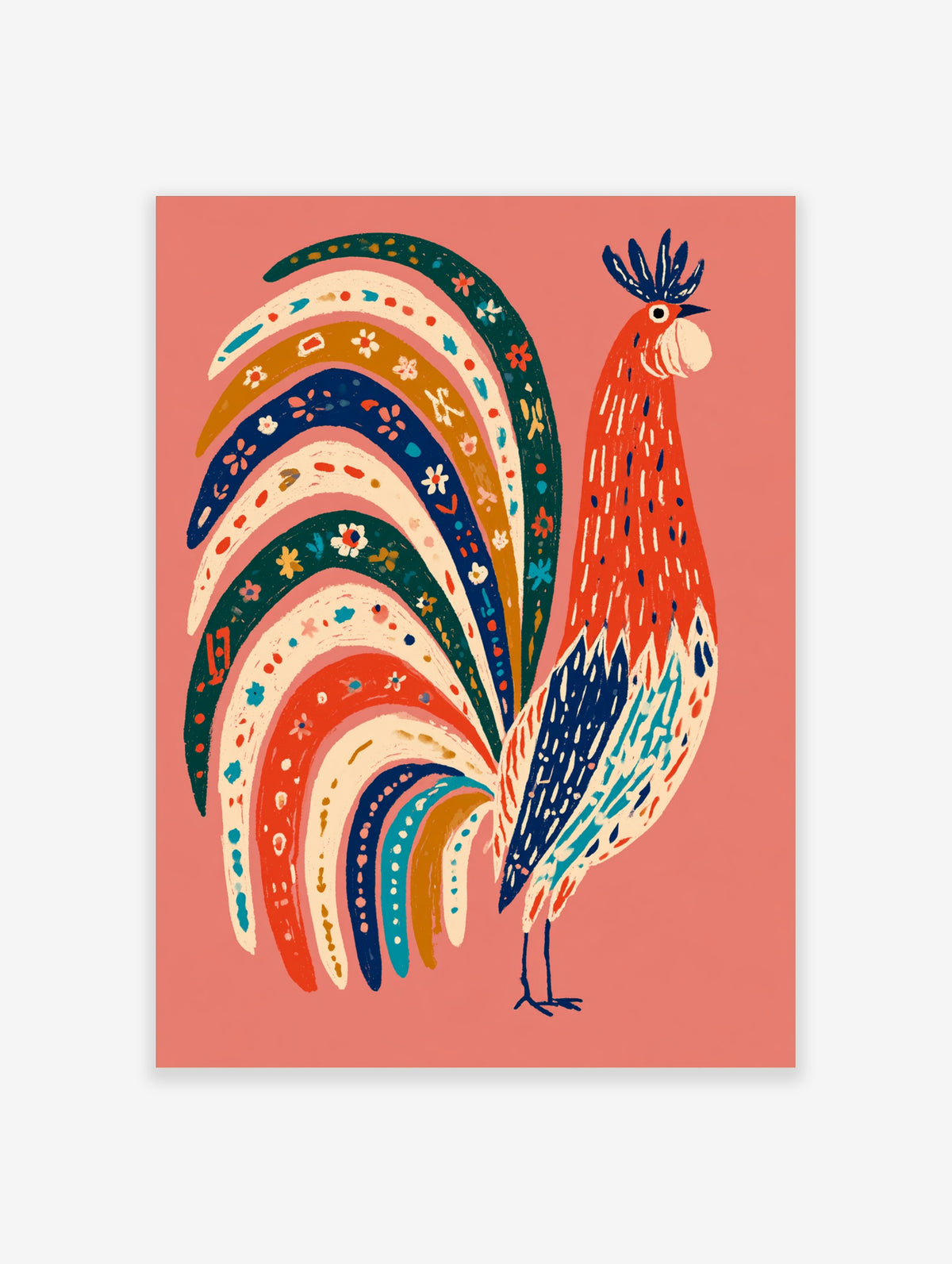 Colourful folk art rooster print with red body, blue crest, and floral tail feathers on pink background