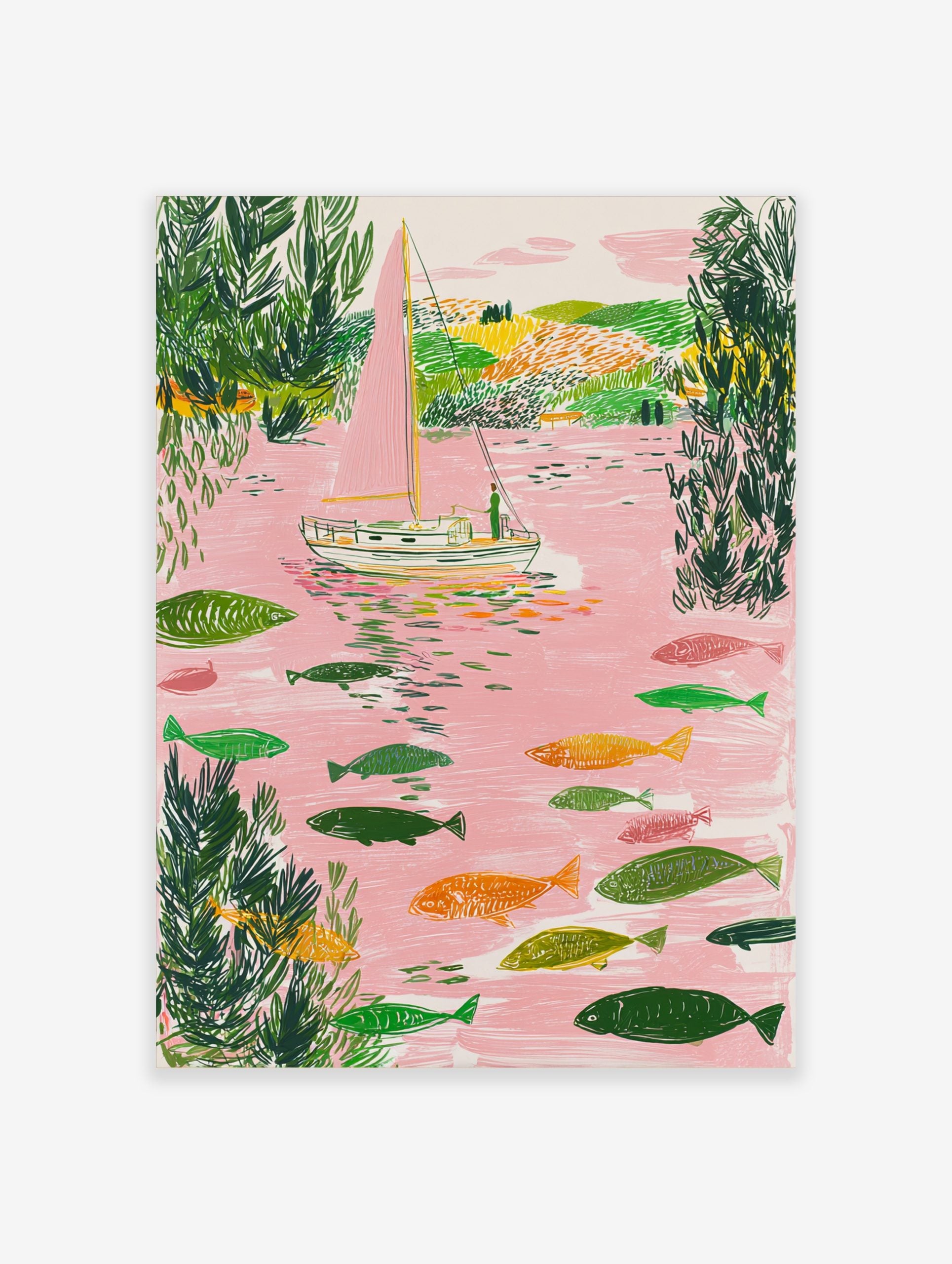 Illustrative sailboat with pink sail and many fish in a pink river with green foliage