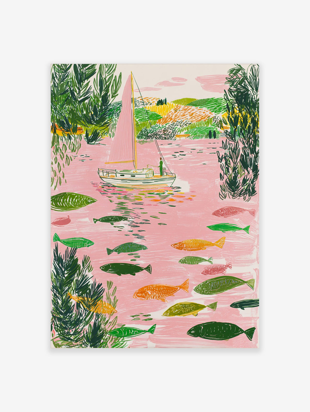 Illustrative sailboat with pink sail and many fish in a pink river with green foliage