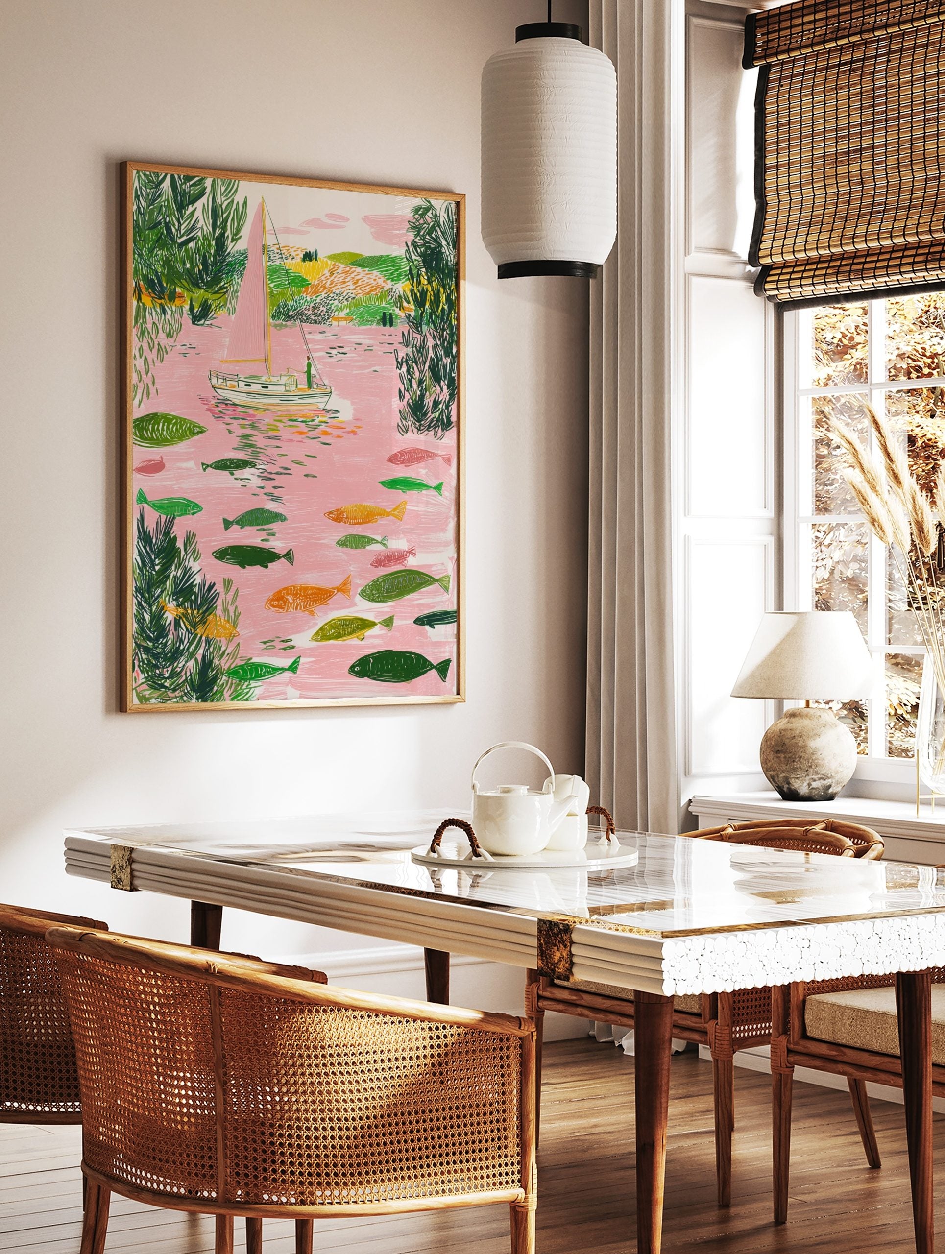 Illustrative sailboat with pink sail and many fish in a pink river with green foliage, in a styled room mockup