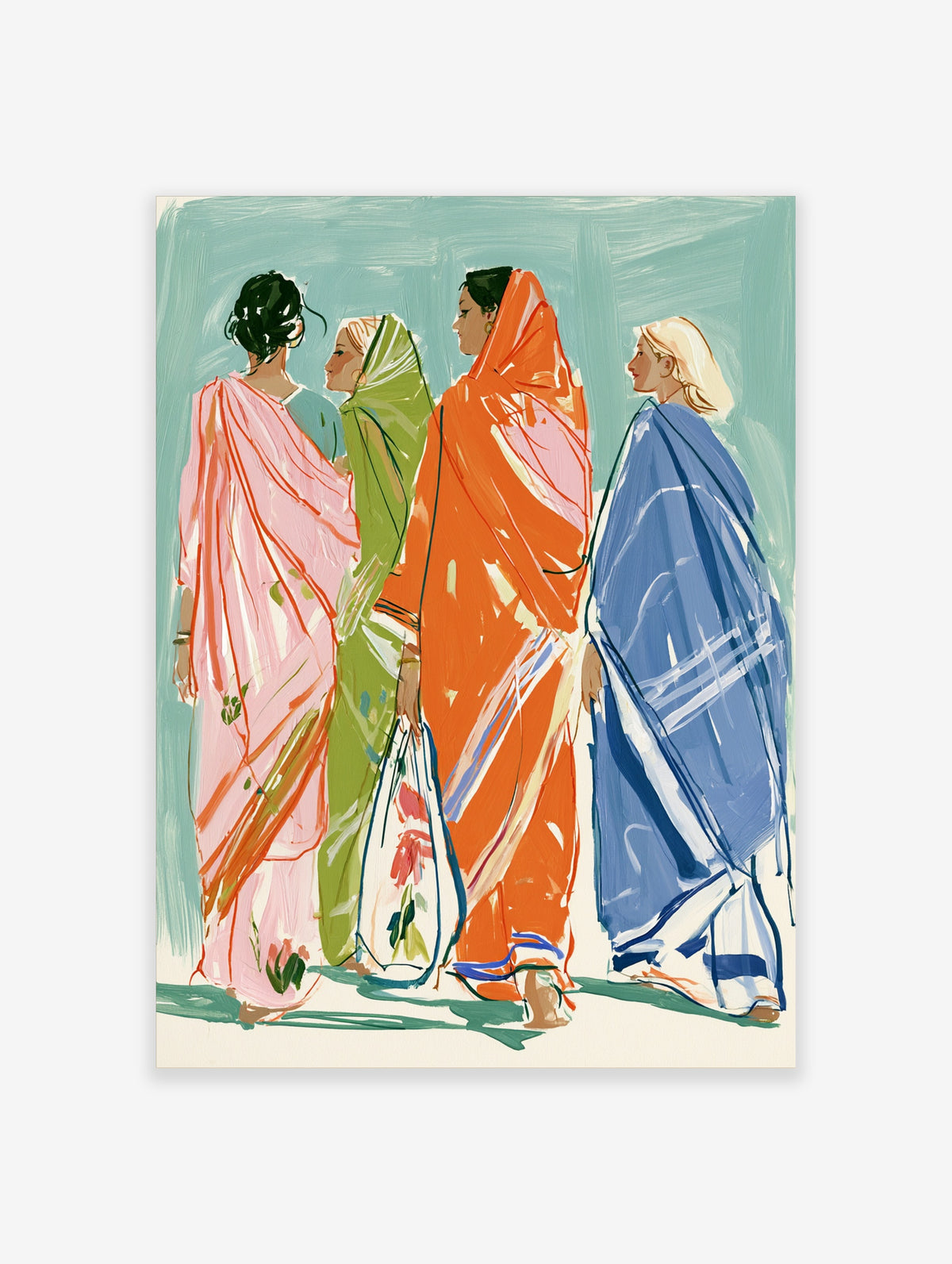 Four women in pink, green, orange and blue saris standing in profile against a teal background