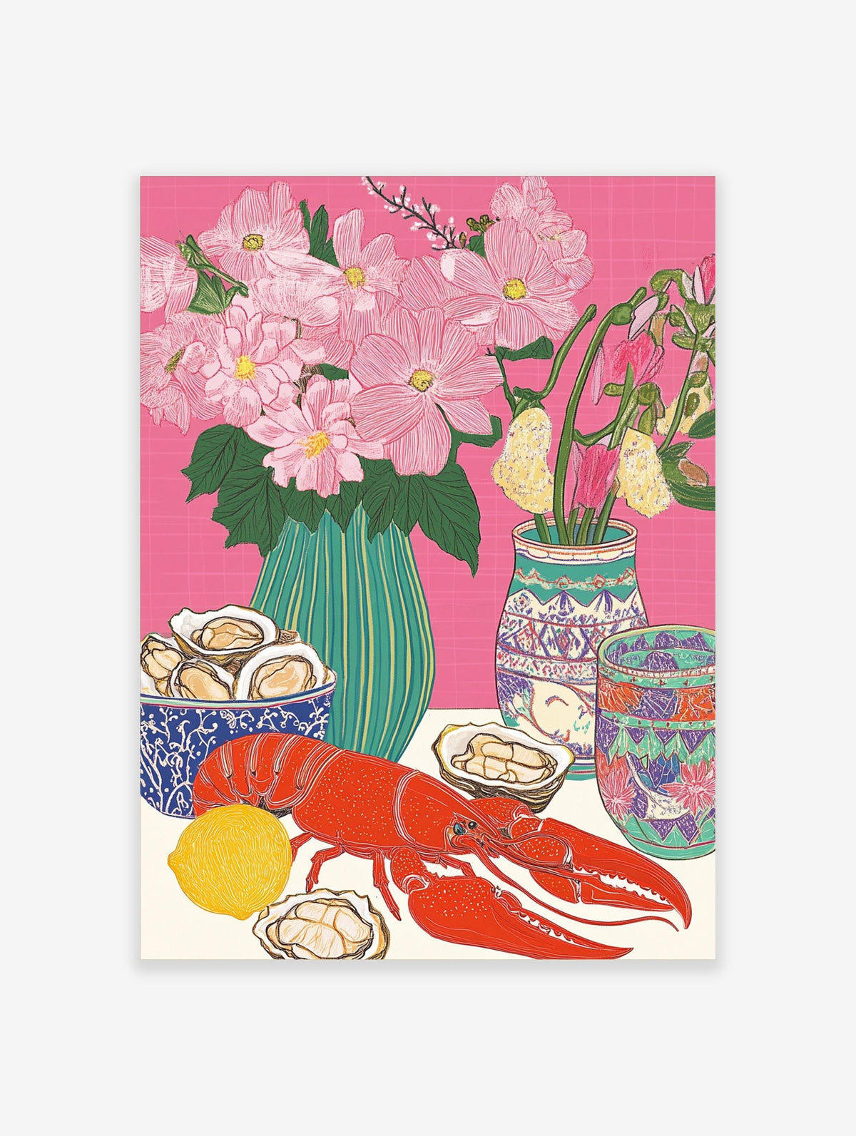 Illustrative still life print of a red lobster, oysters, lemon, and pink flowers in vases on a pink background