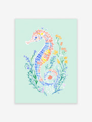 Colourful illustrative seahorse art print with blue, orange, yellow patterns on mint green background, surrounded by sea