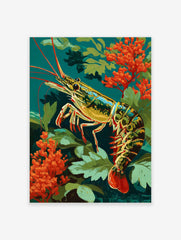 Colourful illustrative shrimp with red antennae and tail, amidst green leaves and orange coral, on a teal background