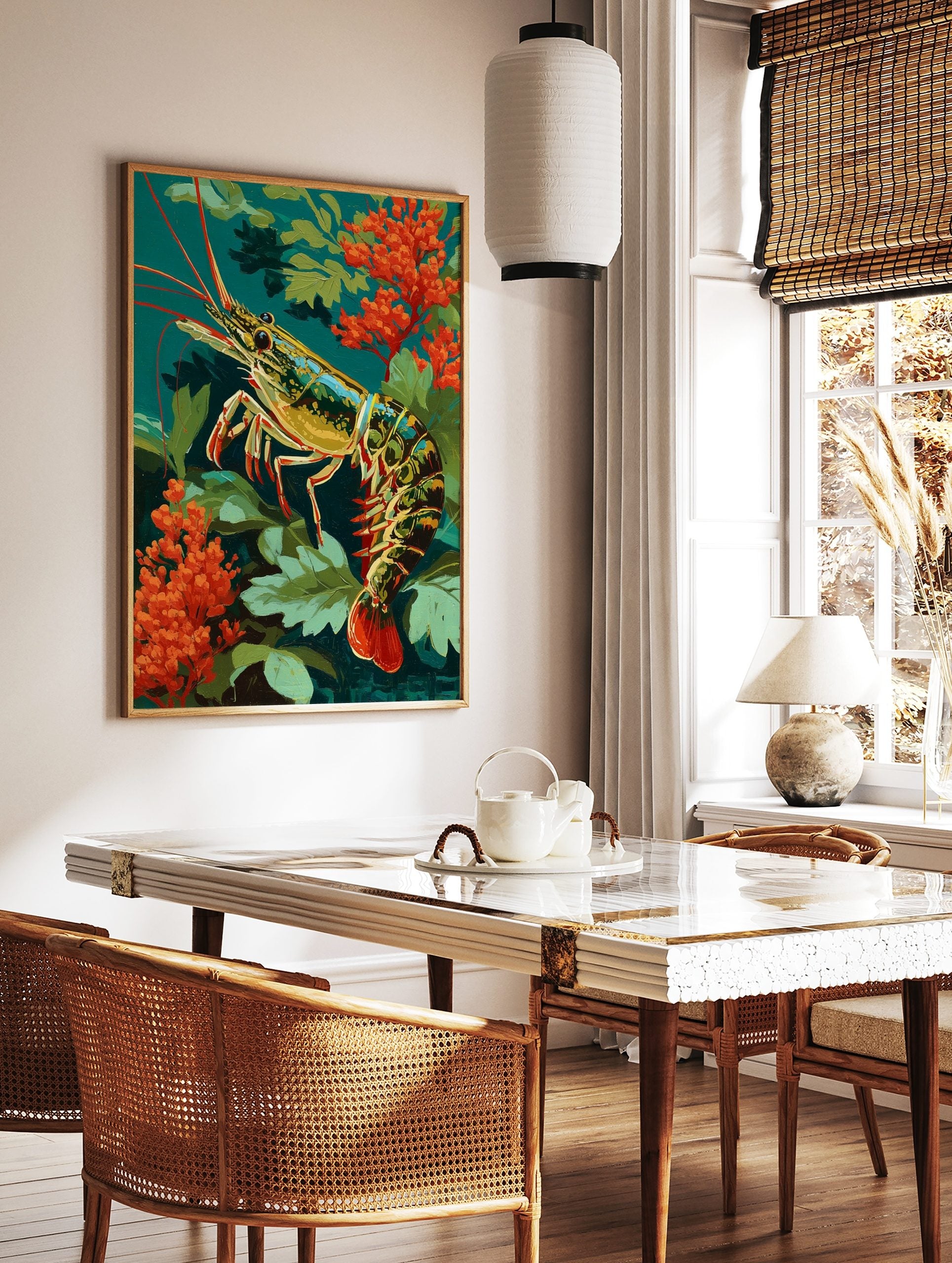 Colourful illustrative shrimp with red antennae and tail, amidst green leaves and orange coral, on, in a styled room mockup