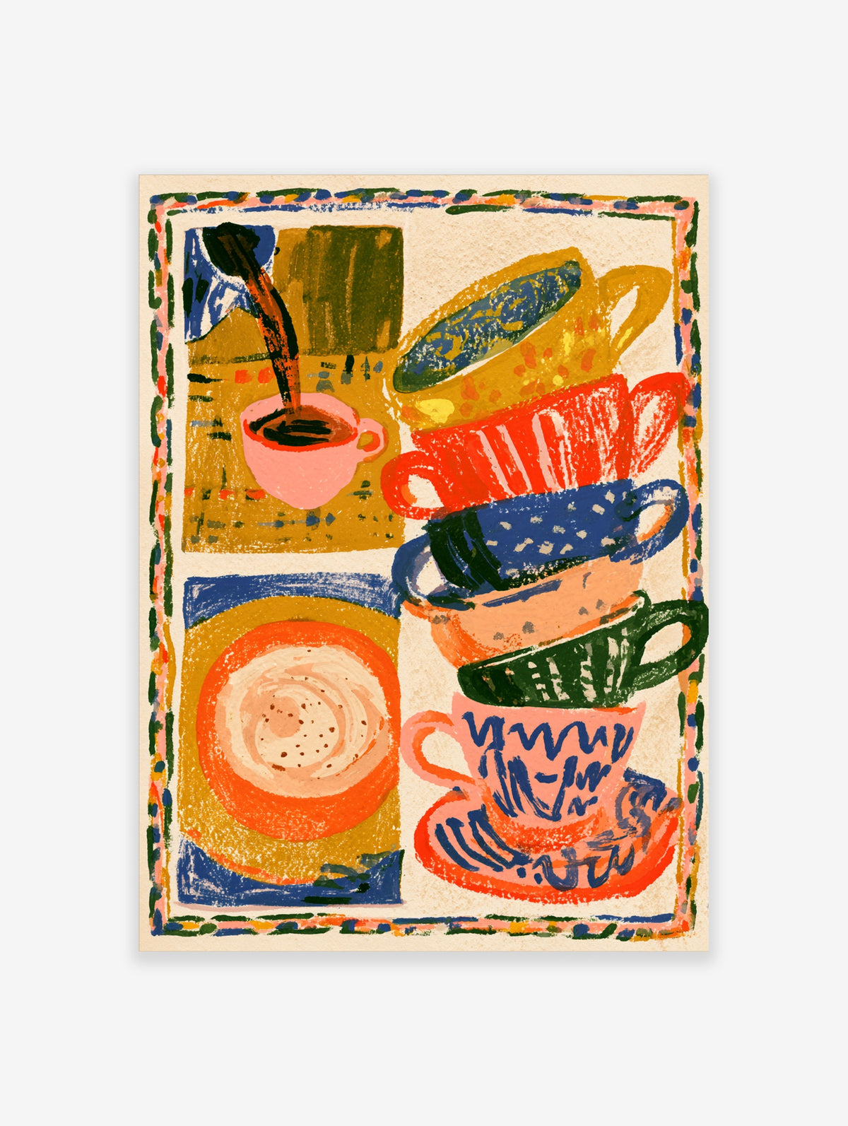 Colourful stacked teacups poster with coffee pot, pink cup, and orange saucer on mustard and blue background