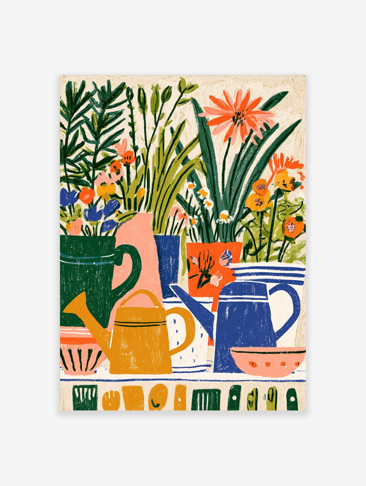 Colourful still life flower poster with watering cans, vases, and bold blooms on cream background