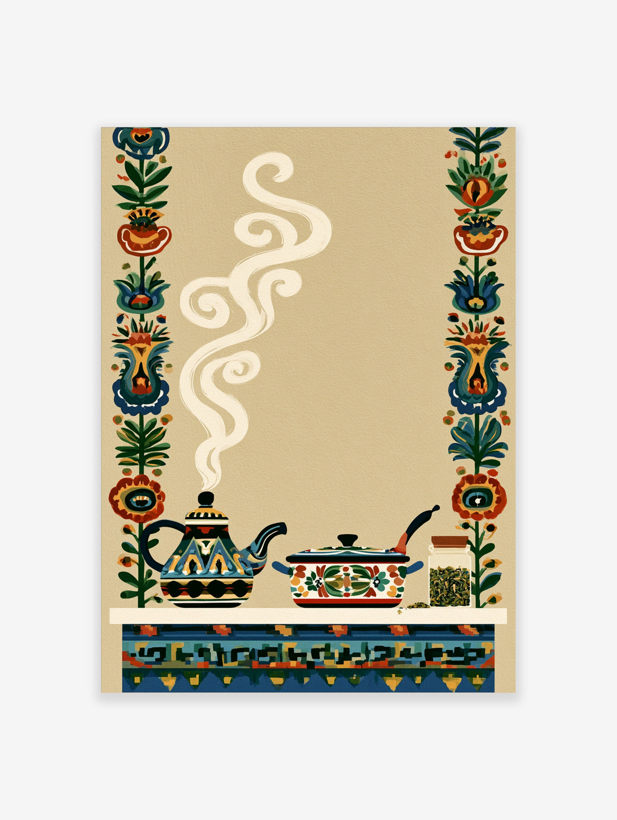 Colourful teapot and pot kitchen wall art print with steam and floral borders on beige background