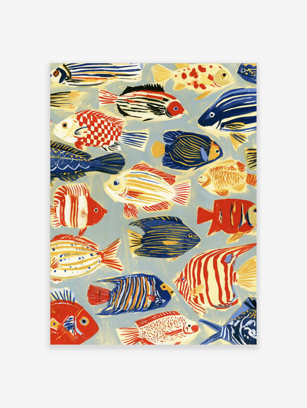 Colourful tropical fish poster with red, blue and yellow painted fish on pale blue background