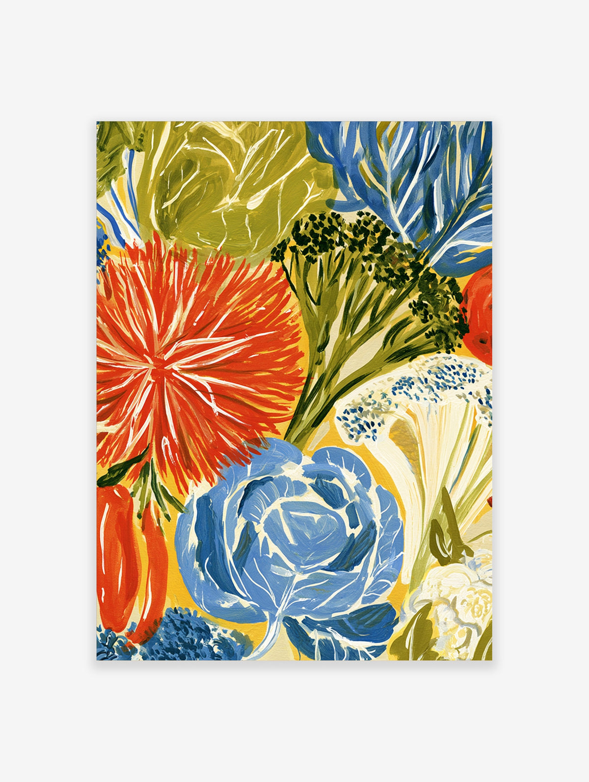 Colourful vegetable poster with blue cabbage, red chilli, broccoli and cauliflower in brushstrokes