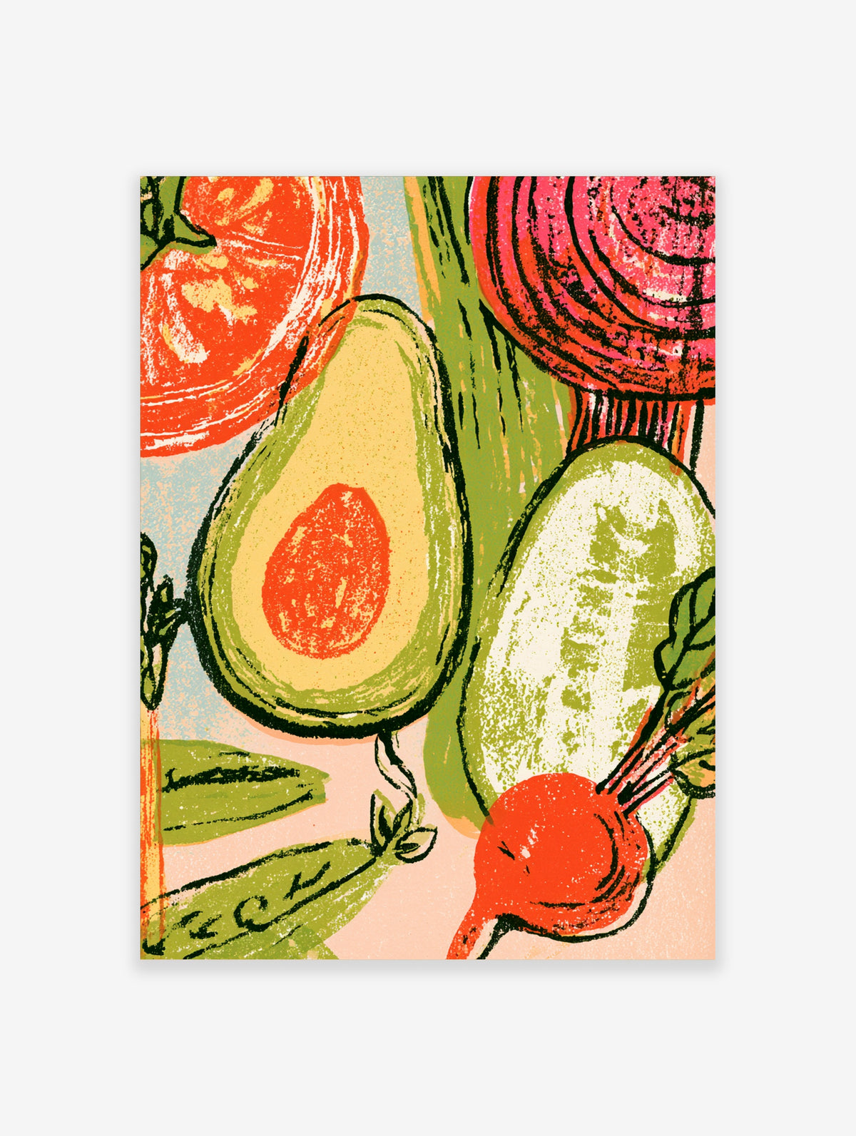 Colourful vegetable poster with avocado, tomato, beetroot and cucumber in a textured risograph style