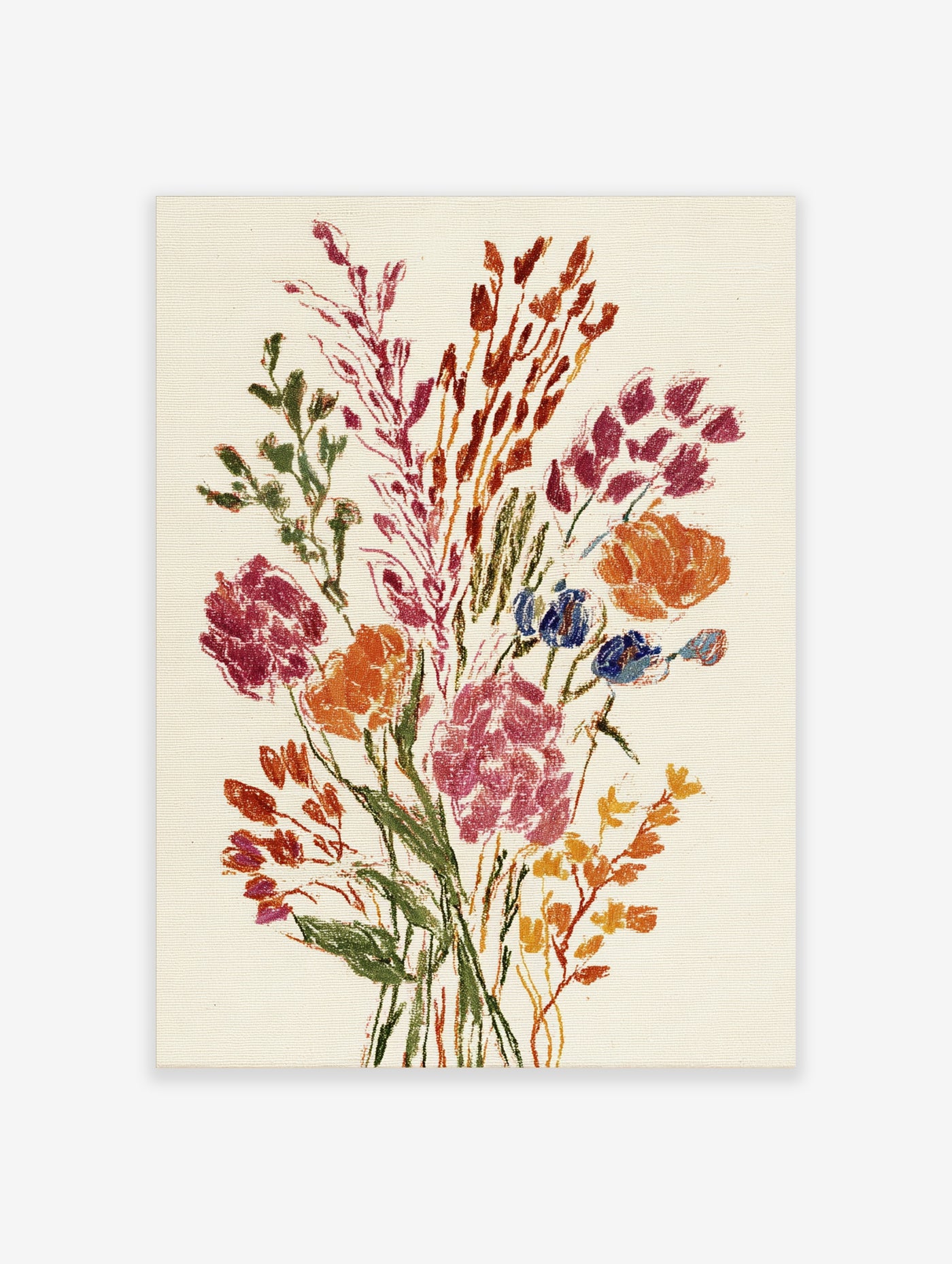 Colourful wildflower bouquet illustration with pink, orange, blue, red flowers on cream background