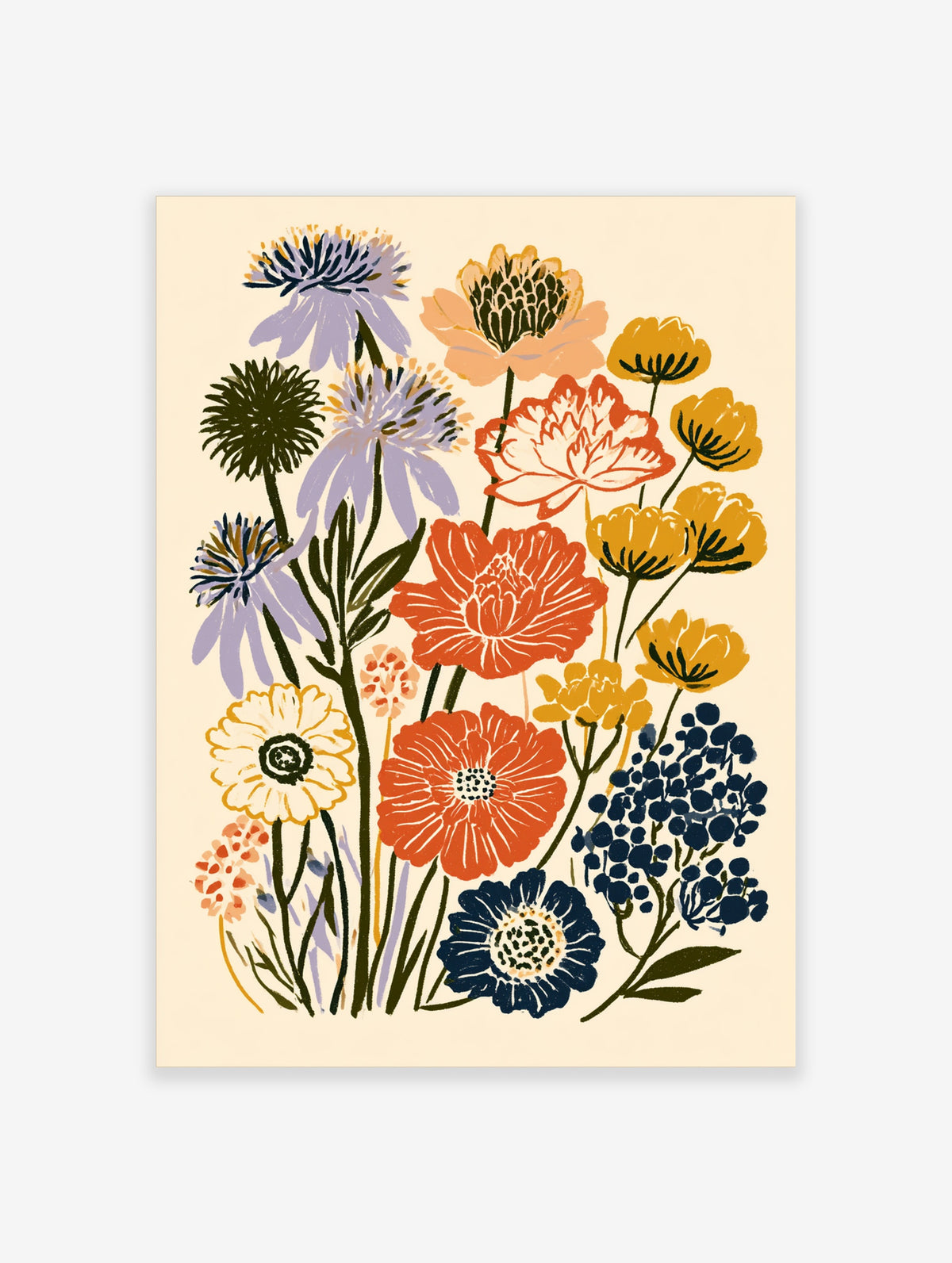 Colourful wildflower bouquet art print with orange, yellow, blue and purple flowers on cream background