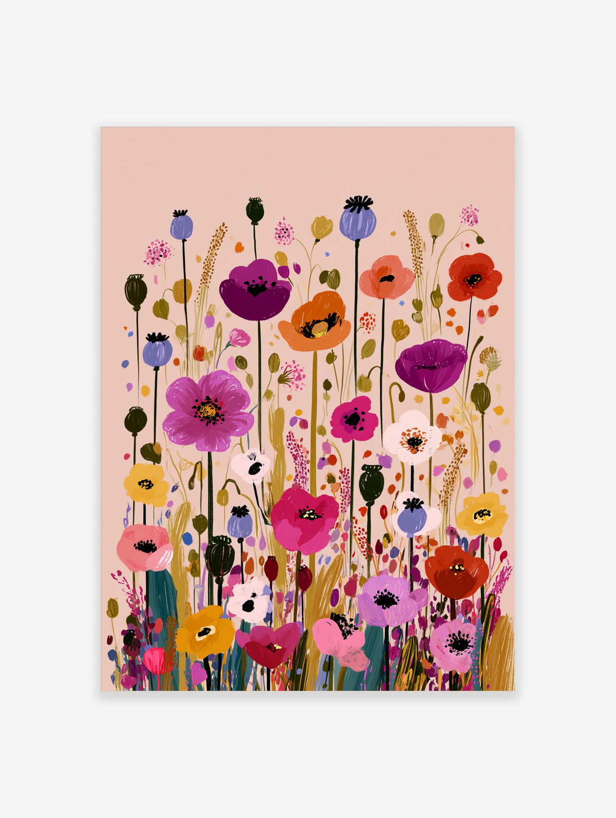 Colourful wildflower meadow poster with pink, purple, orange and red poppies on tall stems against a pale beige background