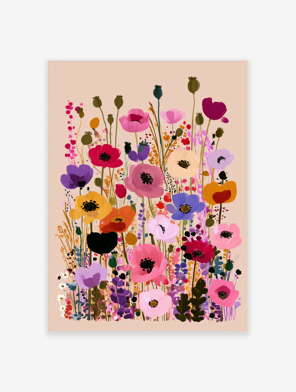 Colourful wildflower meadow poster with pink, purple, yellow and red poppies on a beige background