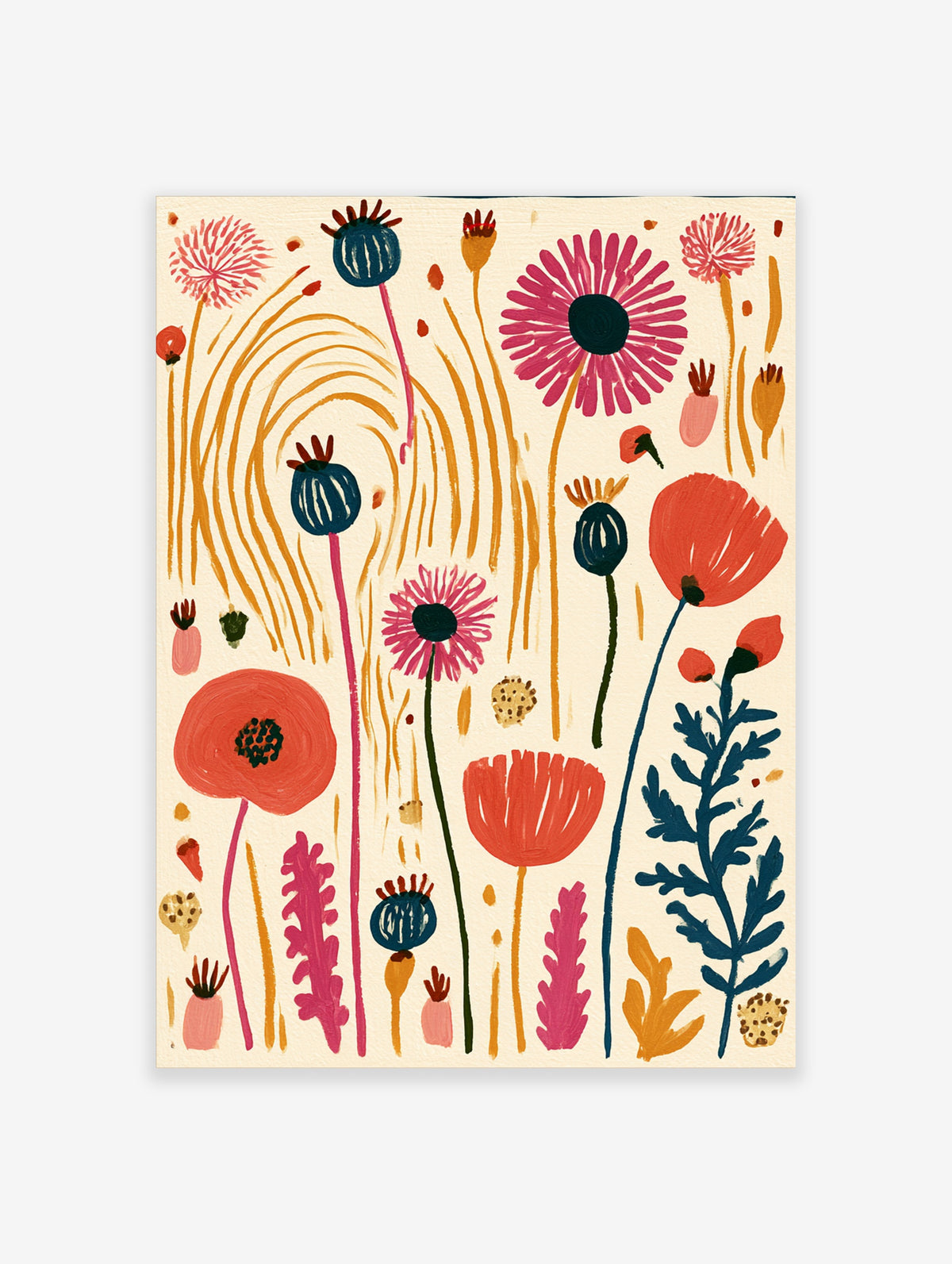 Colourful abstract wildflower poster with red poppies, pink daisies, and blue stems on cream background