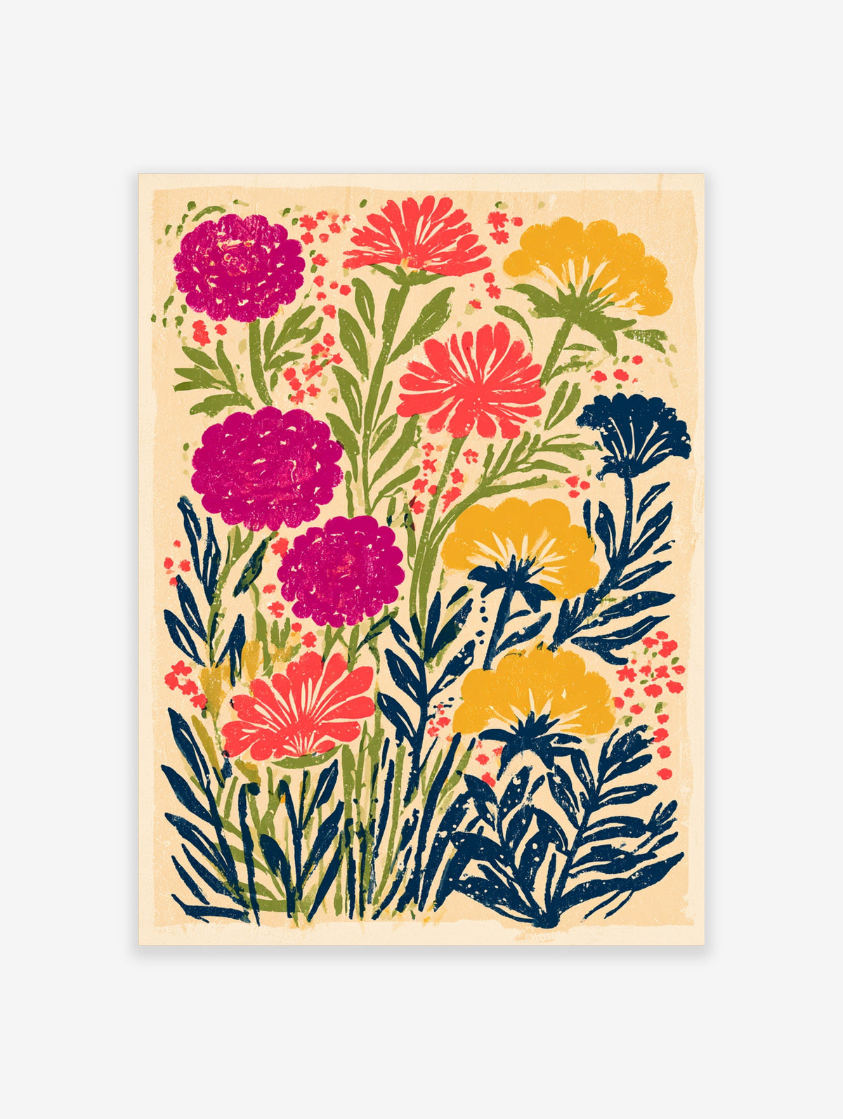 Colourful wildflower poster with pink, red, yellow and blue flowers on a cream background
