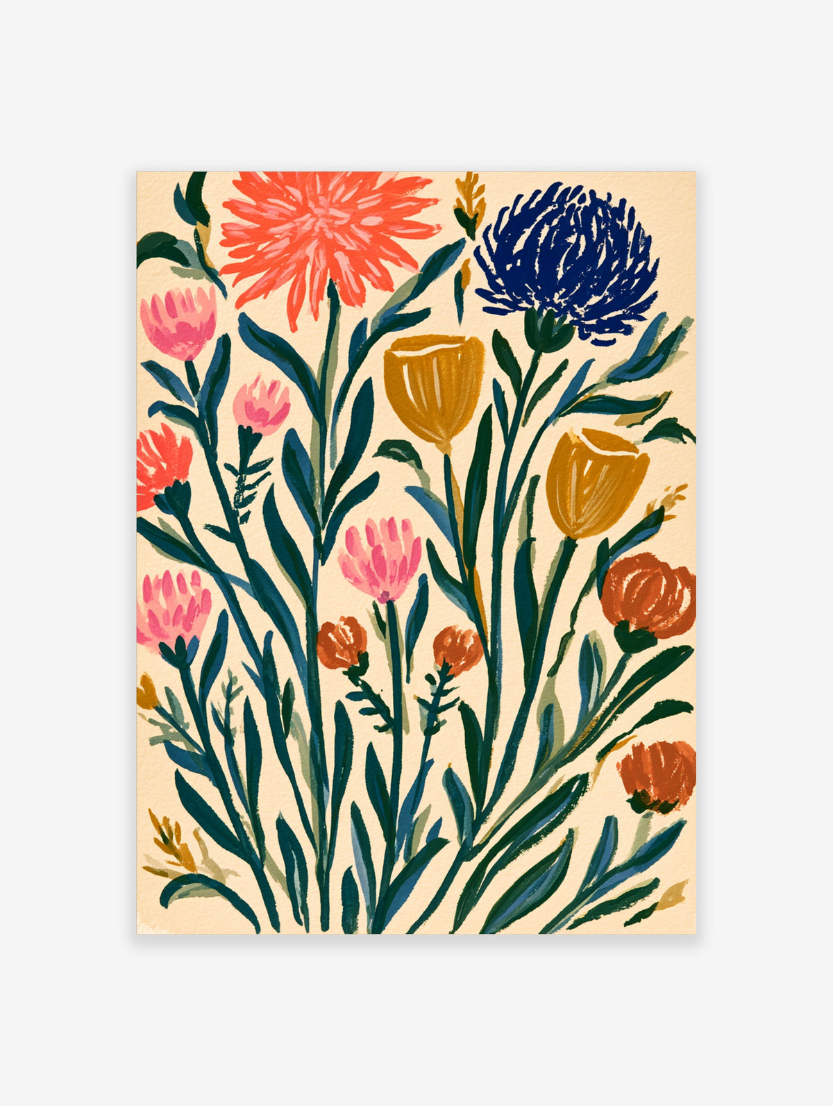 Colourful wildflower poster with coral, blue, and yellow blooms on cream background