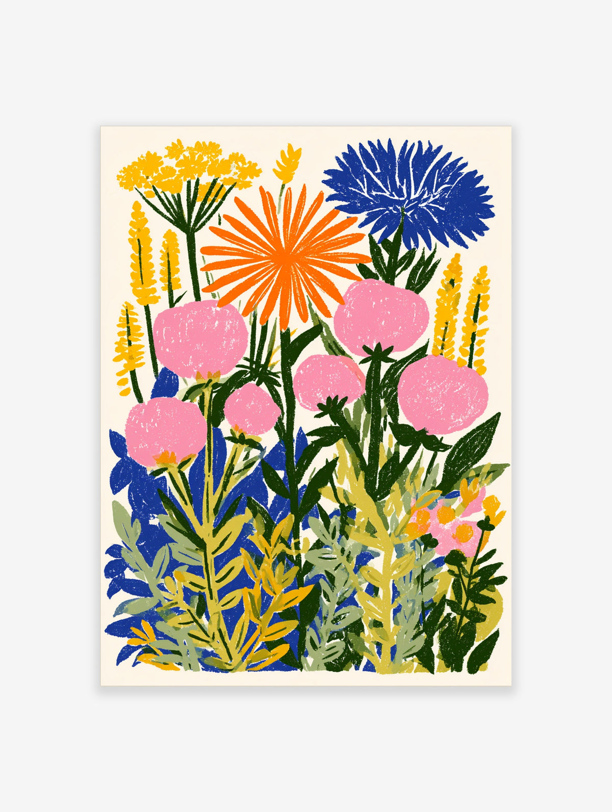 Colourful wildflower poster with pink poppies, orange daisy, blue cornflowers and yellow spikes on cream