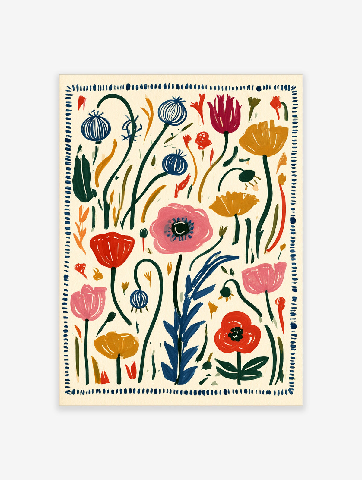 Colourful wildflower poster with blue, red, pink, and yellow flowers on cream ground