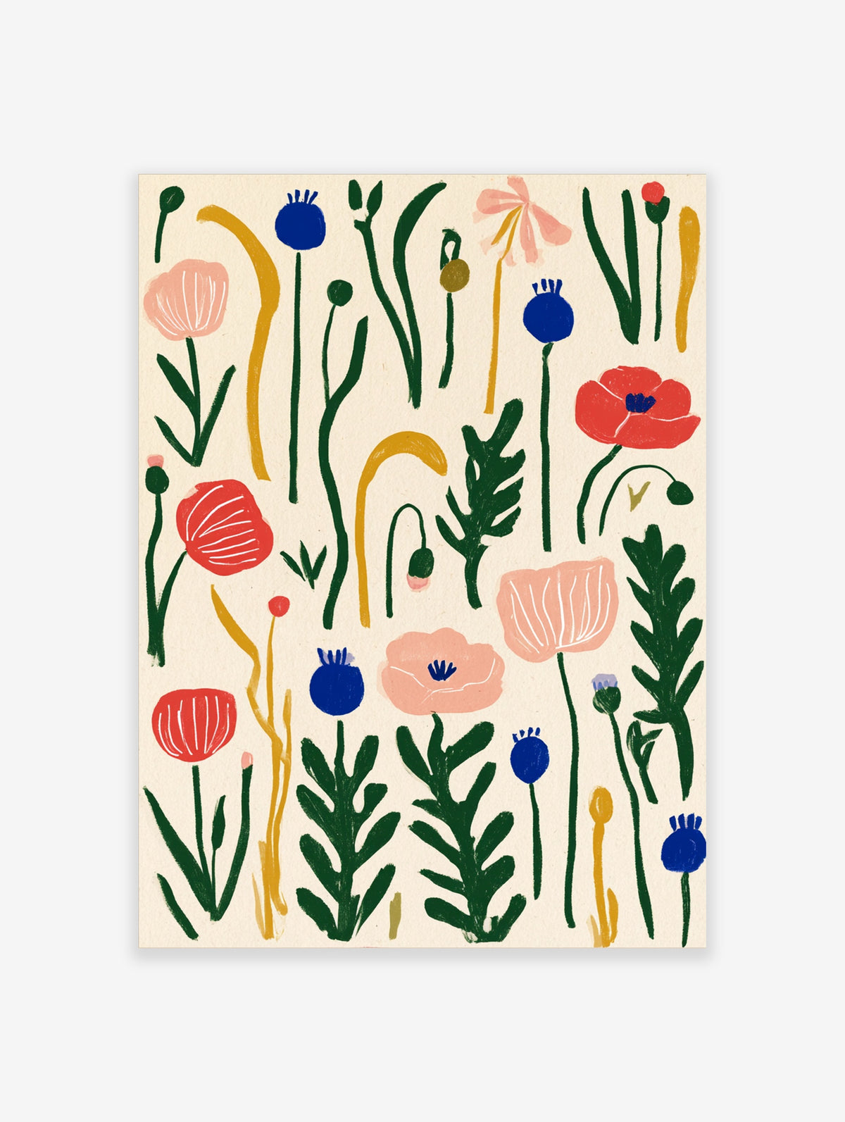 Colourful wildflower poster with blue poppies, red blooms, pink petals, and green stems on cream background
