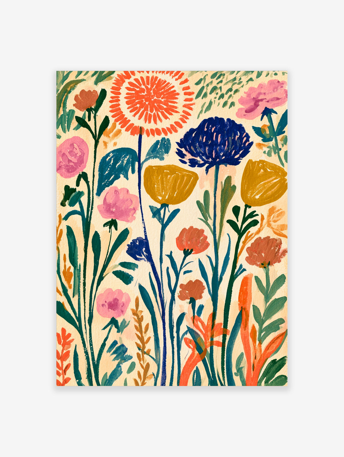 Colourful wildflower meadow art print with orange, blue and yellow flowers on cream ground