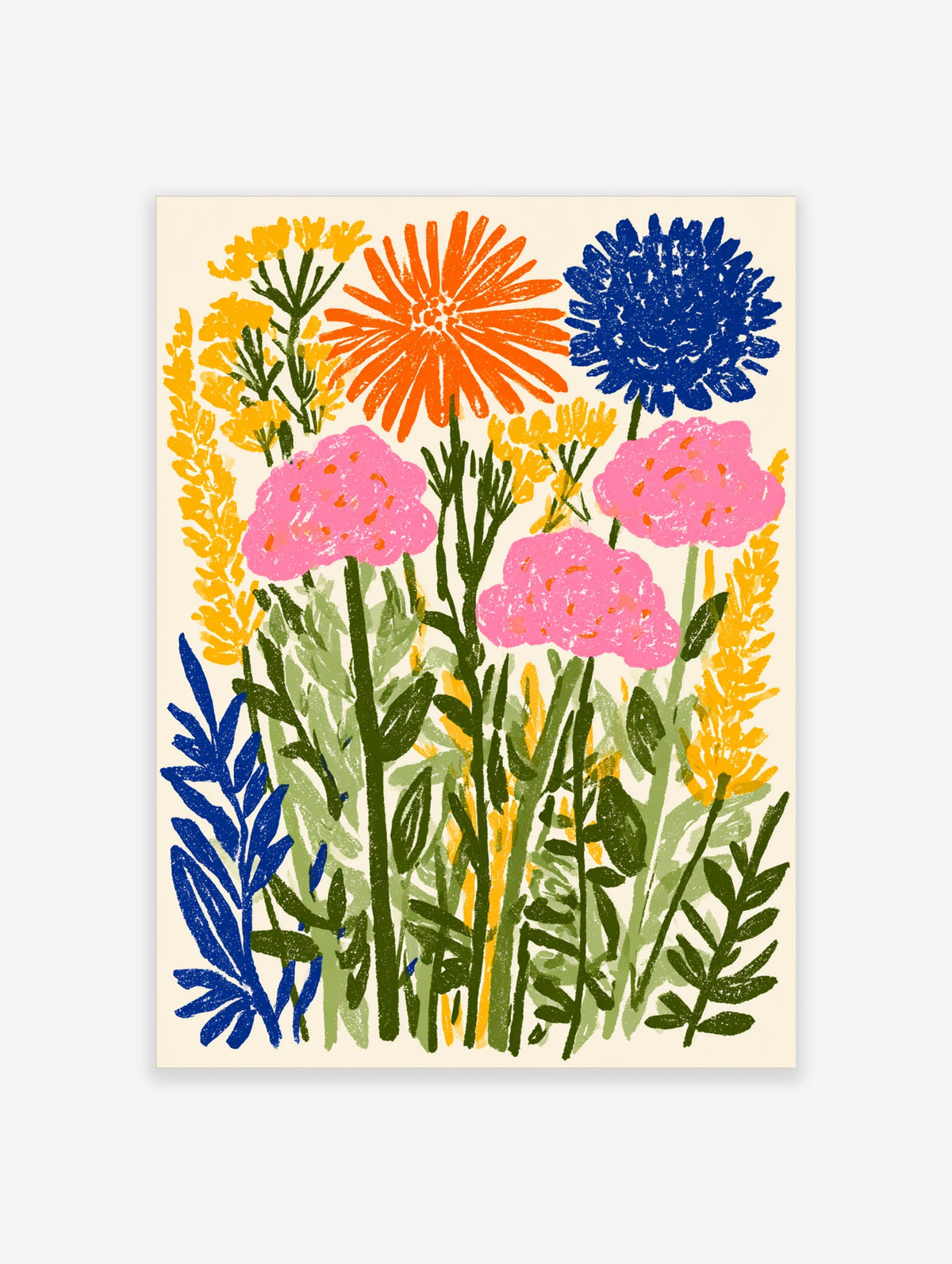 Colourful wildflower poster with orange daisy, blue cornflower and pink blooms on green stems
