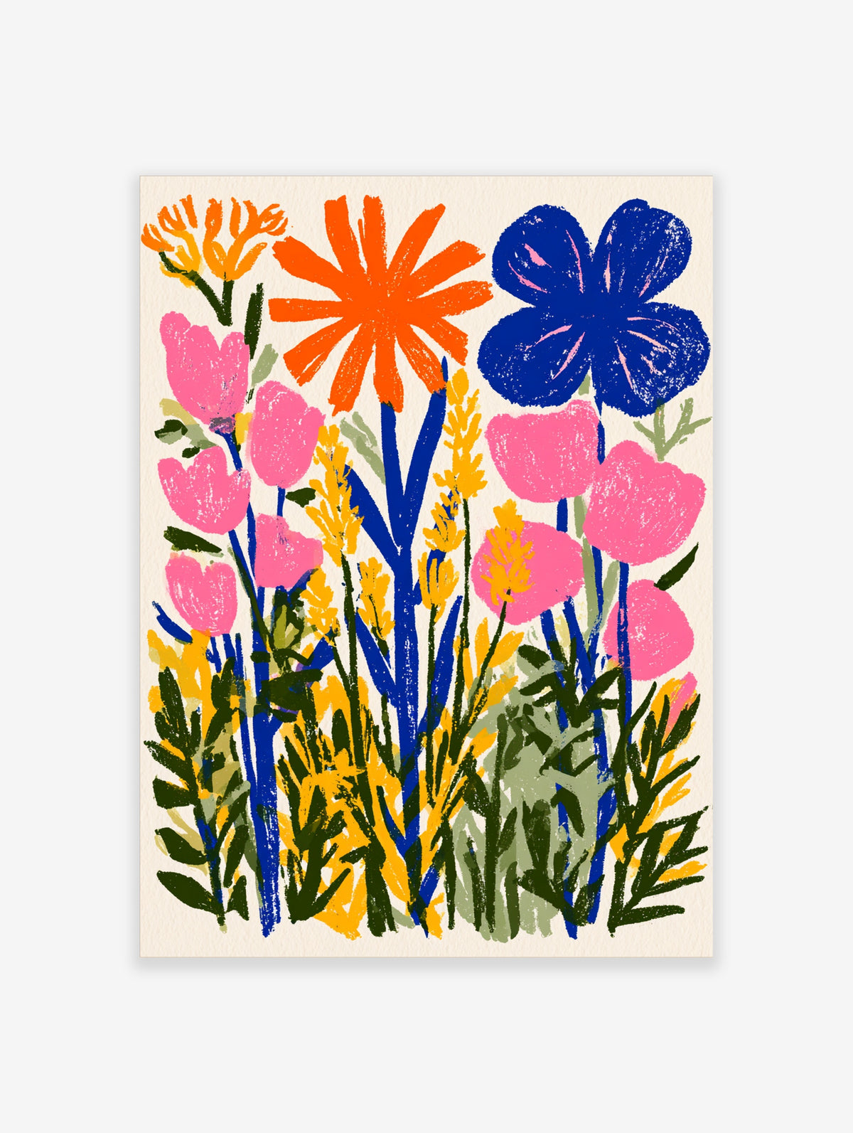 Colourful wildflower poster with pink tulips, orange daisy, and blue flower on cream background