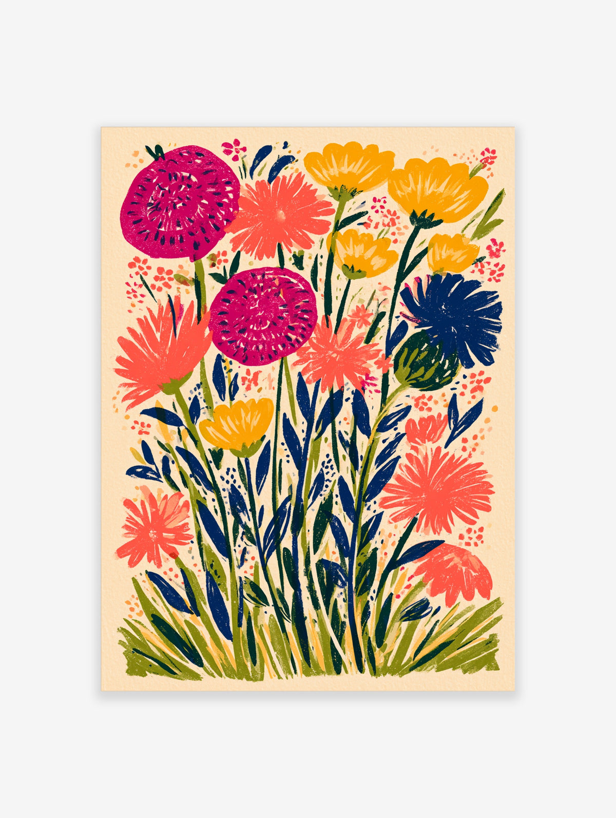 Colourful wildflower poster with pink, orange and yellow blooms and navy leaves on cream background