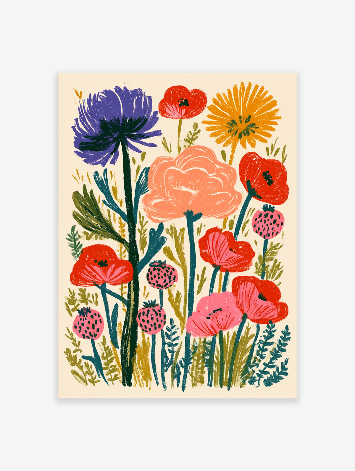 Colourful wildflower poster with purple cornflower, red poppies, pink blooms and yellow daisy on cream background