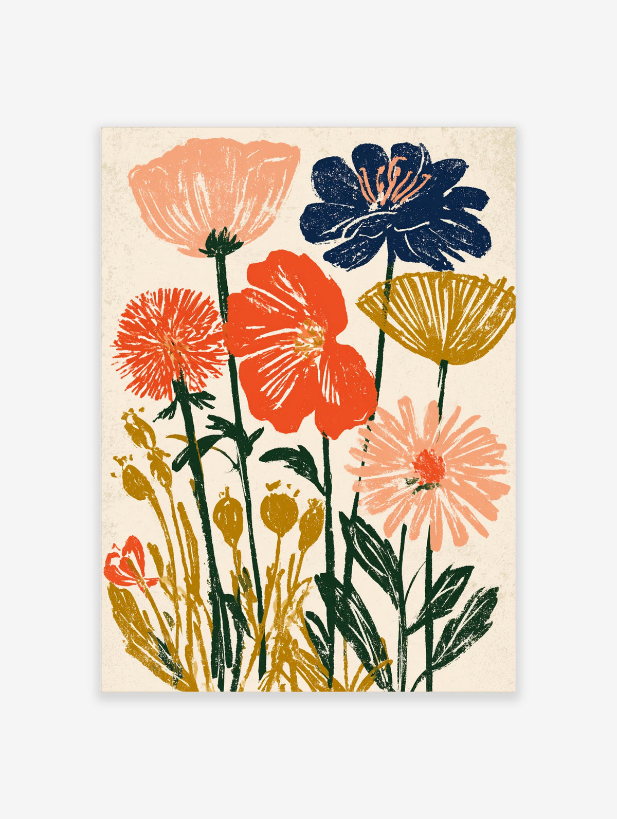 Colourful wildflower poster with coral, navy, and mustard flowers on cream background