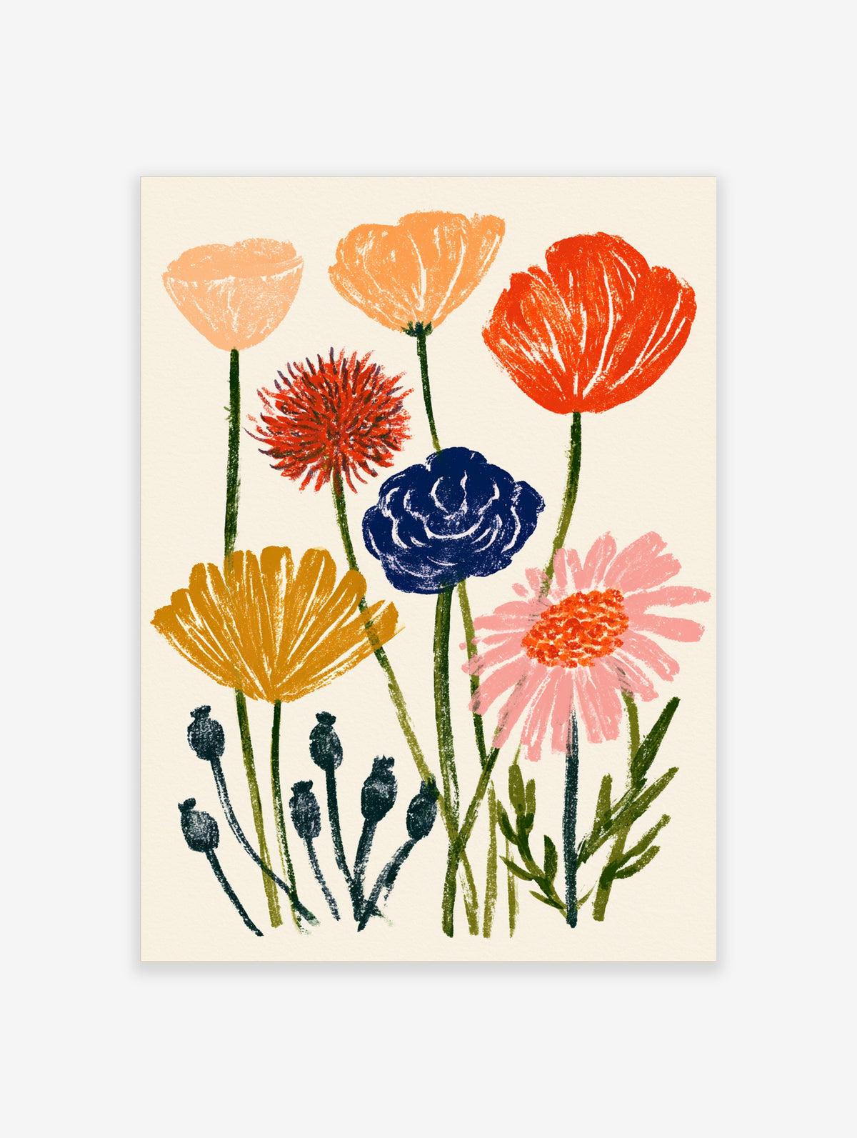 Colourful wildflower poster with orange, pink, navy and yellow flowers on cream background