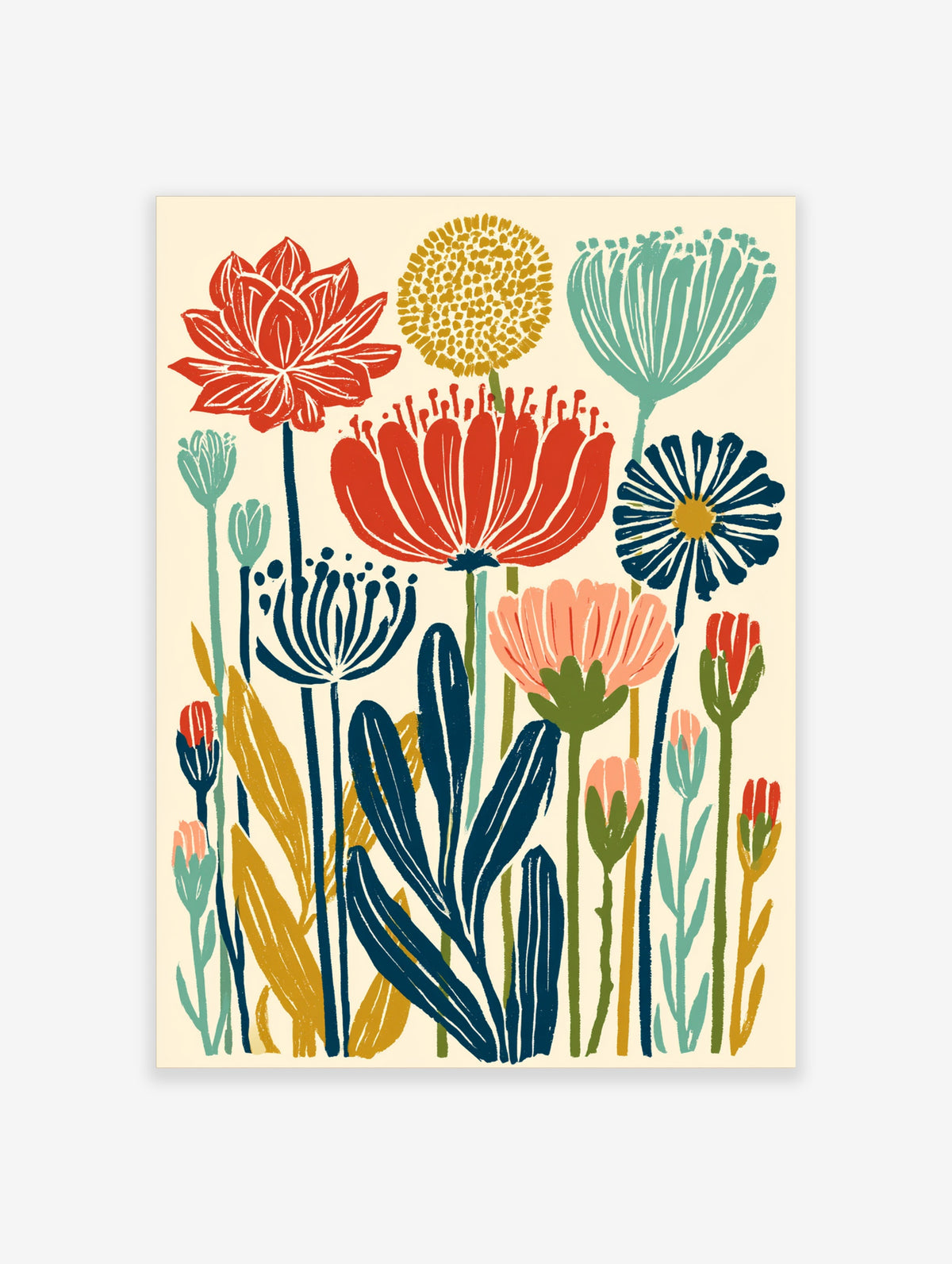 Colourful wildflower poster with stylised red, blue and yellow flowers on a cream background