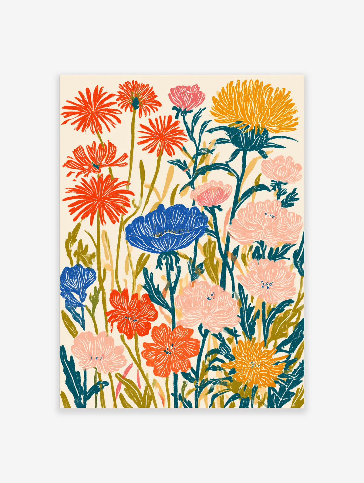 Colourful wildflower art print with red, blue, pink and yellow blooms on cream background