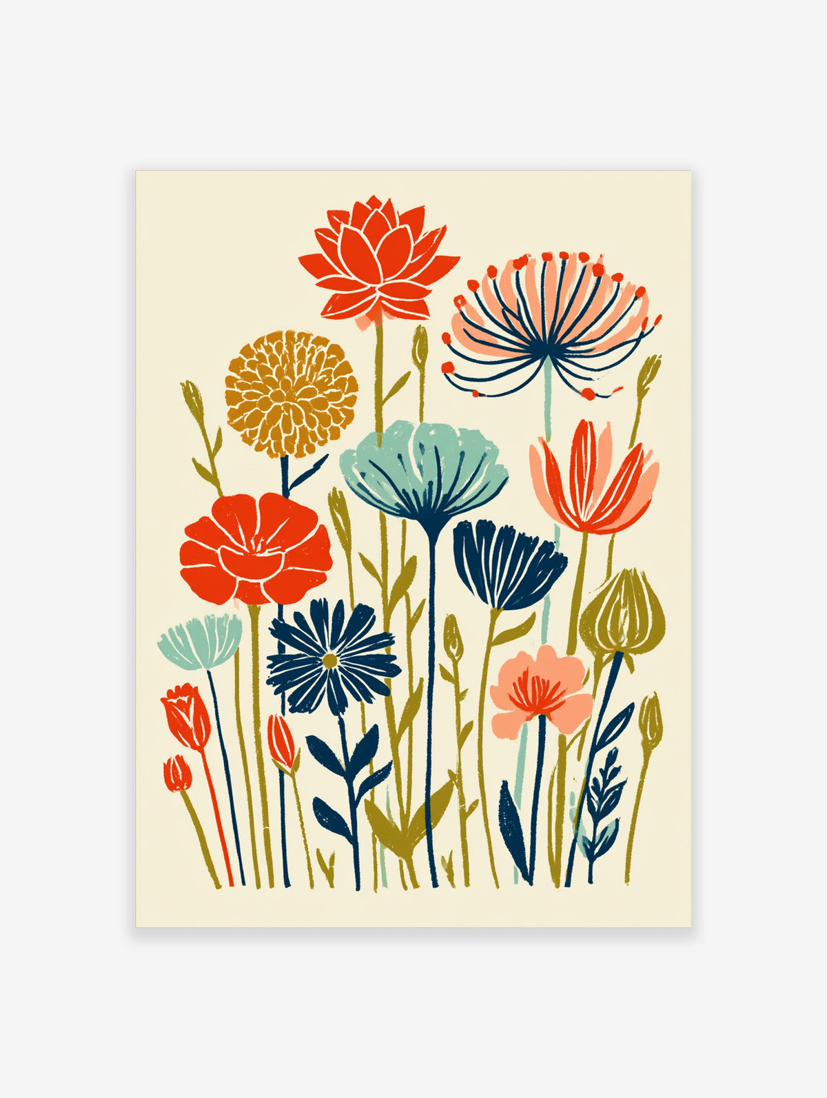 Colourful wildflower art print with red, blue and teal flowers on cream background