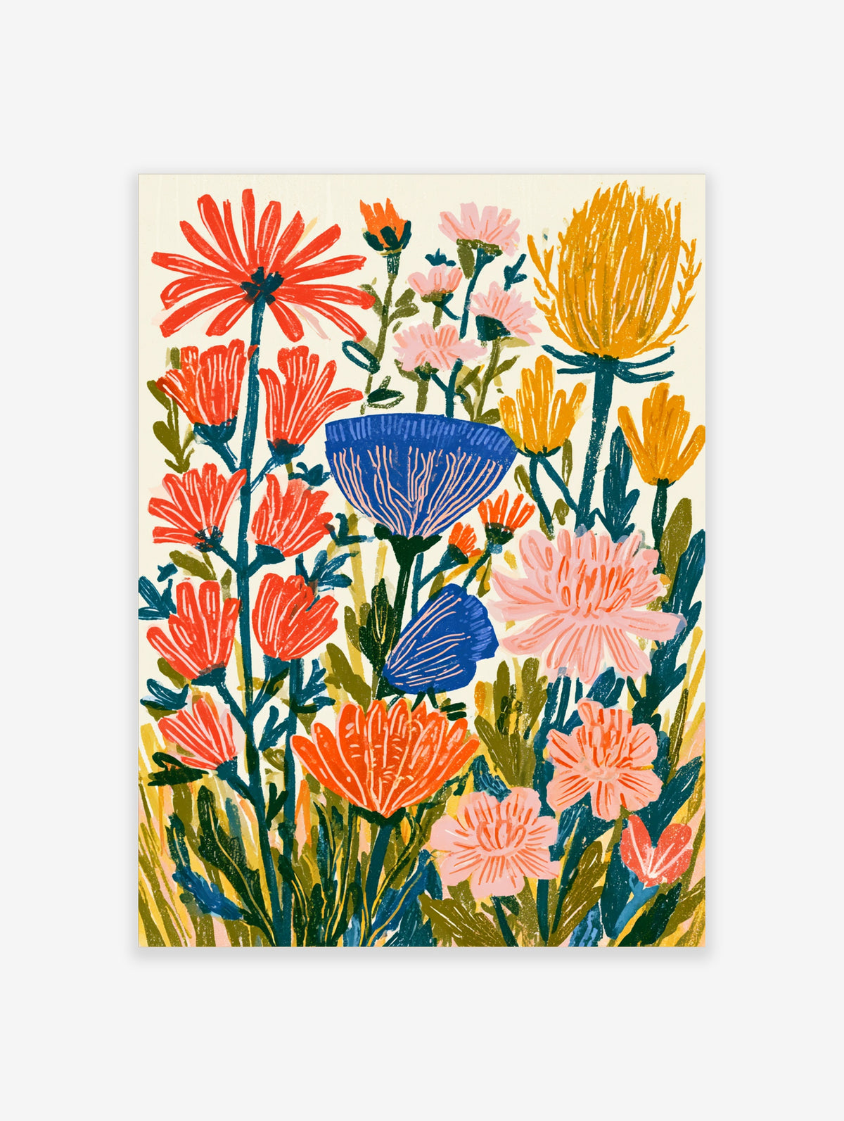 Colourful wildflower botanical art print with red, blue, yellow and pink flowers on cream background