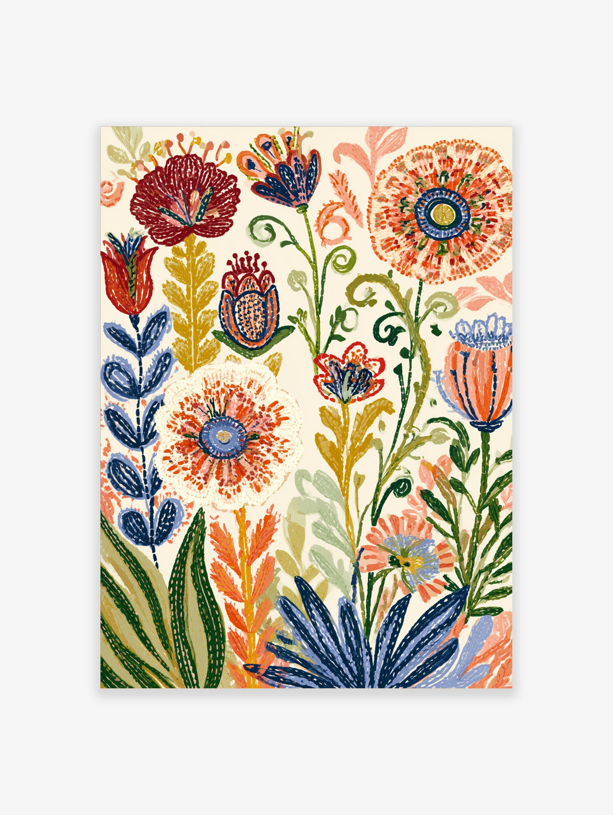 Colourful wildflower folk art print with red, blue and orange flowers on cream background
