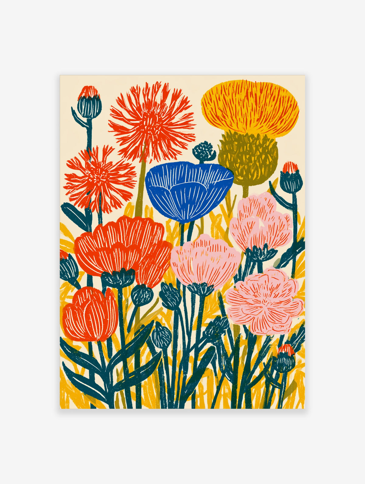 Colourful wildflower art print with red, blue, pink and yellow blooms on cream background