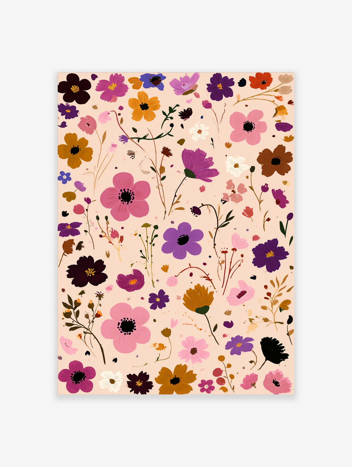 Colourful wildflower pattern with pink, purple, and yellow flowers on beige background