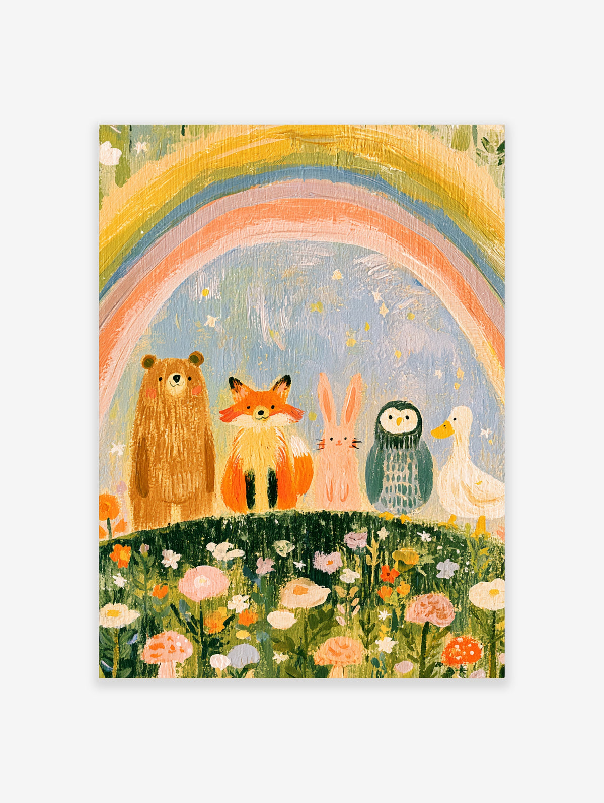Colourful woodland animals poster with bear, fox, rabbit, owl, and duck under a rainbow