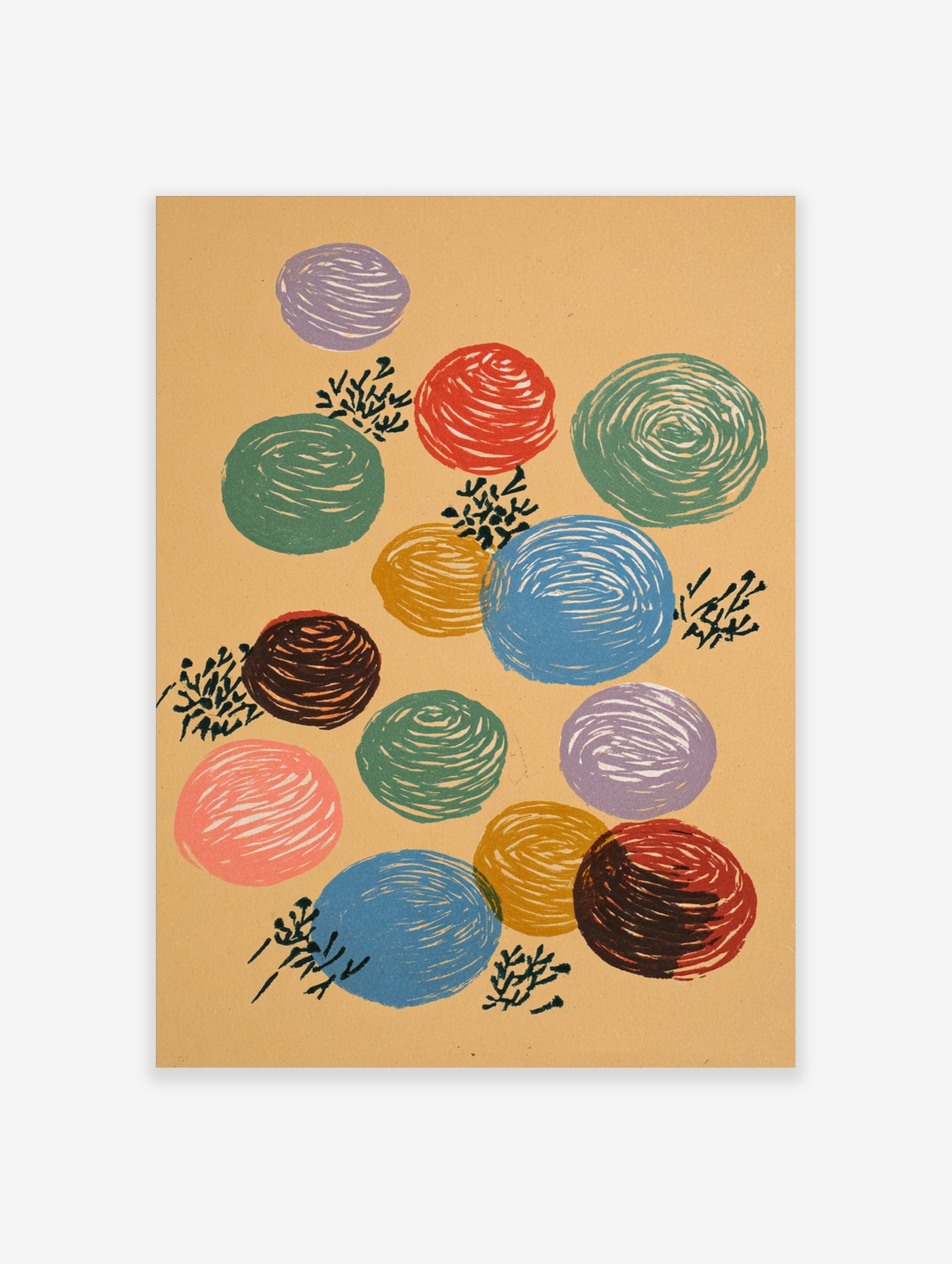 Colourful yarn balls with swirl lines on beige background, abstract wall art print