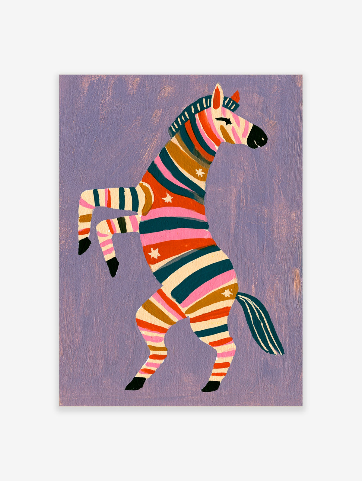 Colourful zebra art print with pink, teal, and orange stripes on lavender background