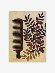 Vintage style illustration of a wooden comb and an olive branch with dark fruit on a textured cream background