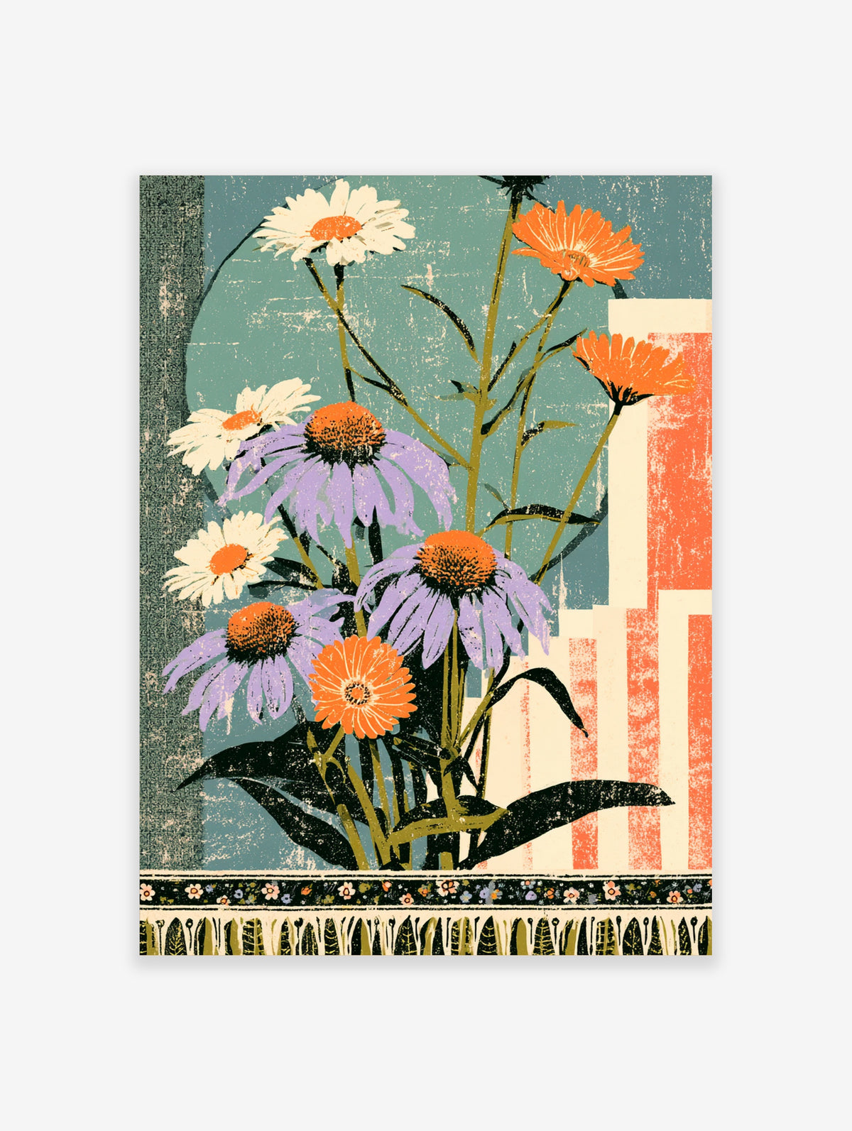 Retro botanical poster with purple coneflowers, white daisies, and orange blooms on a teal and coral background
