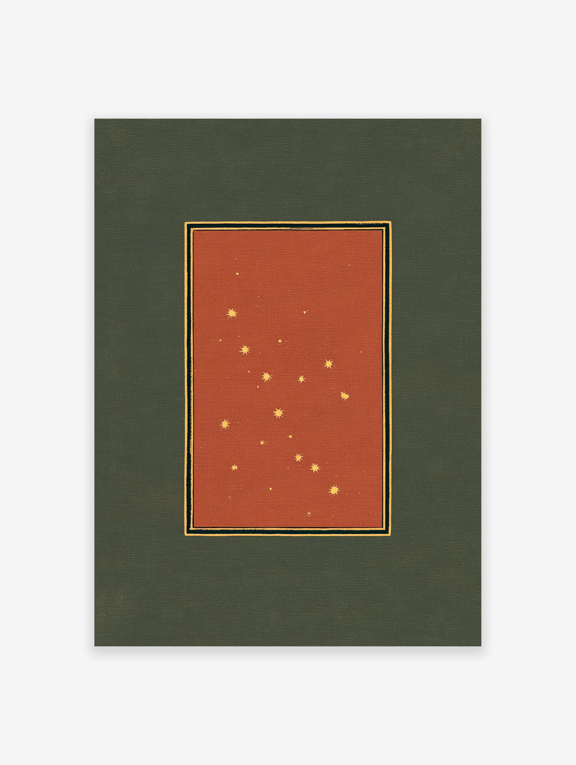 Vintage constellation art print featuring golden stars on a deep red background with black and gold borders, set on a green mat.