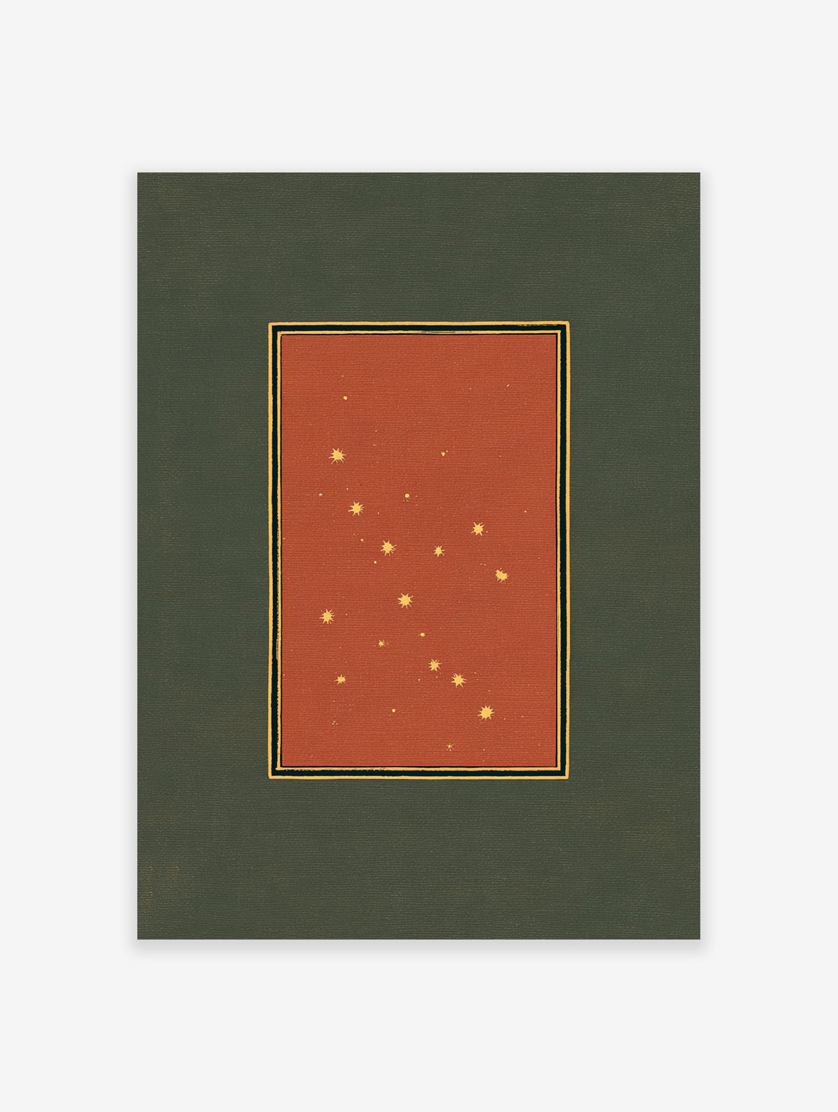 Vintage constellation art print featuring golden stars on a deep red background with black and gold borders, set on a green mat.