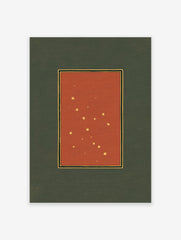 Vintage constellation art print featuring golden stars on a deep red background with black and gold borders, set on a green mat.