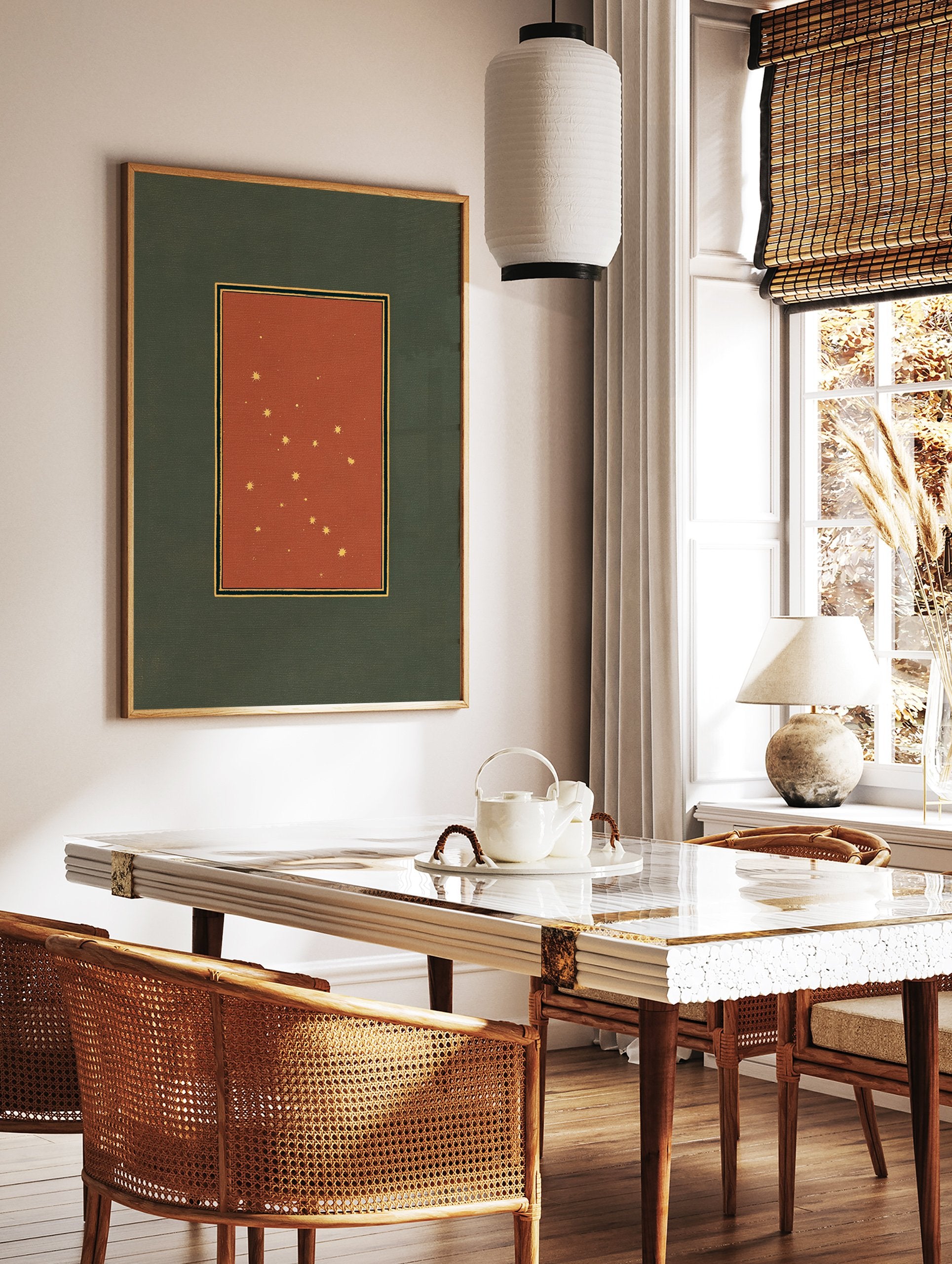 Vintage constellation art print featuring golden stars on a deep red background with black and gold borders, set on a green mat. - Image 2
