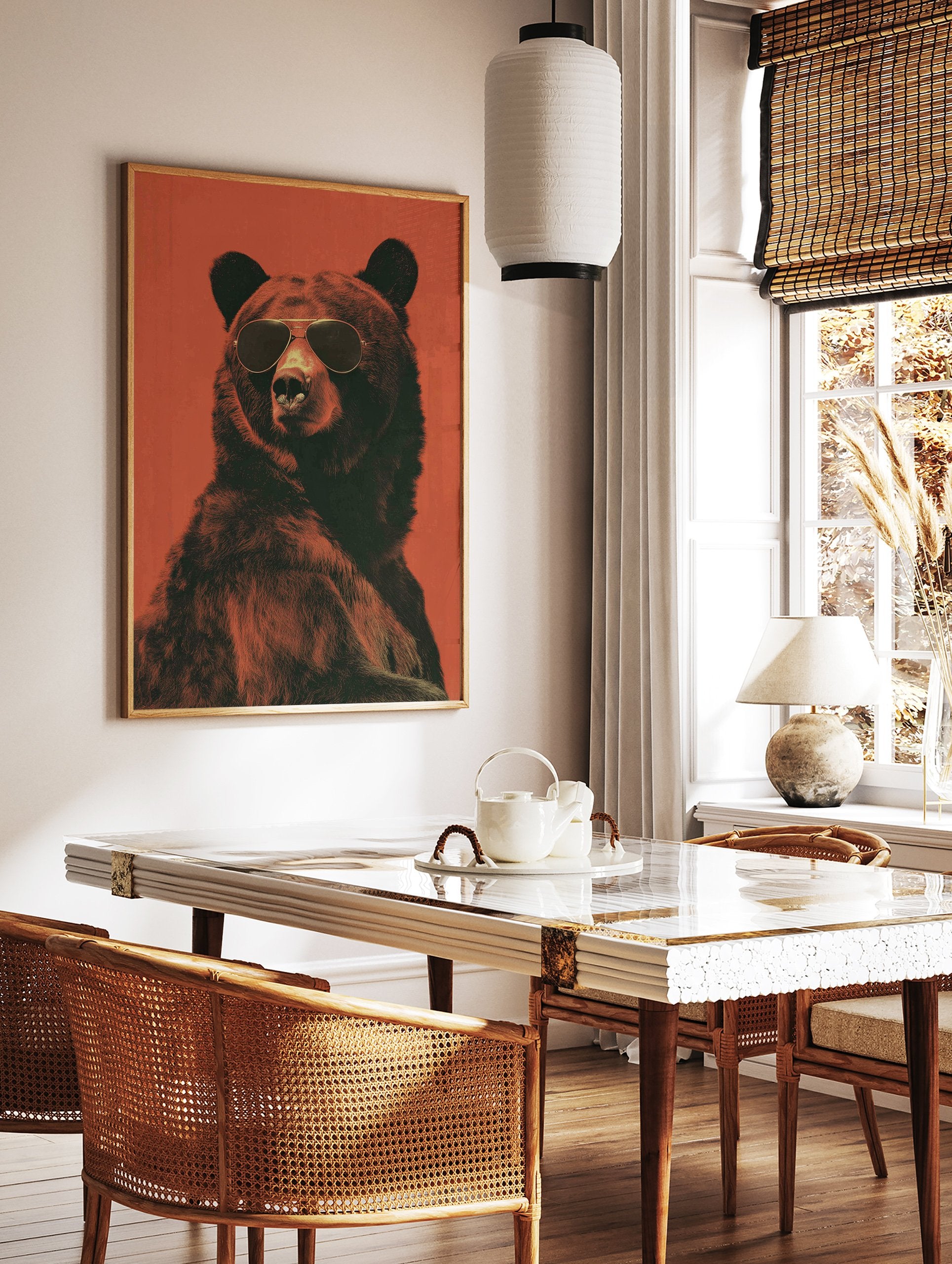 Cool bear poster wearing aviator sunglasses against a textured red background, showcasing dark fur and a stern expression. - Image 2