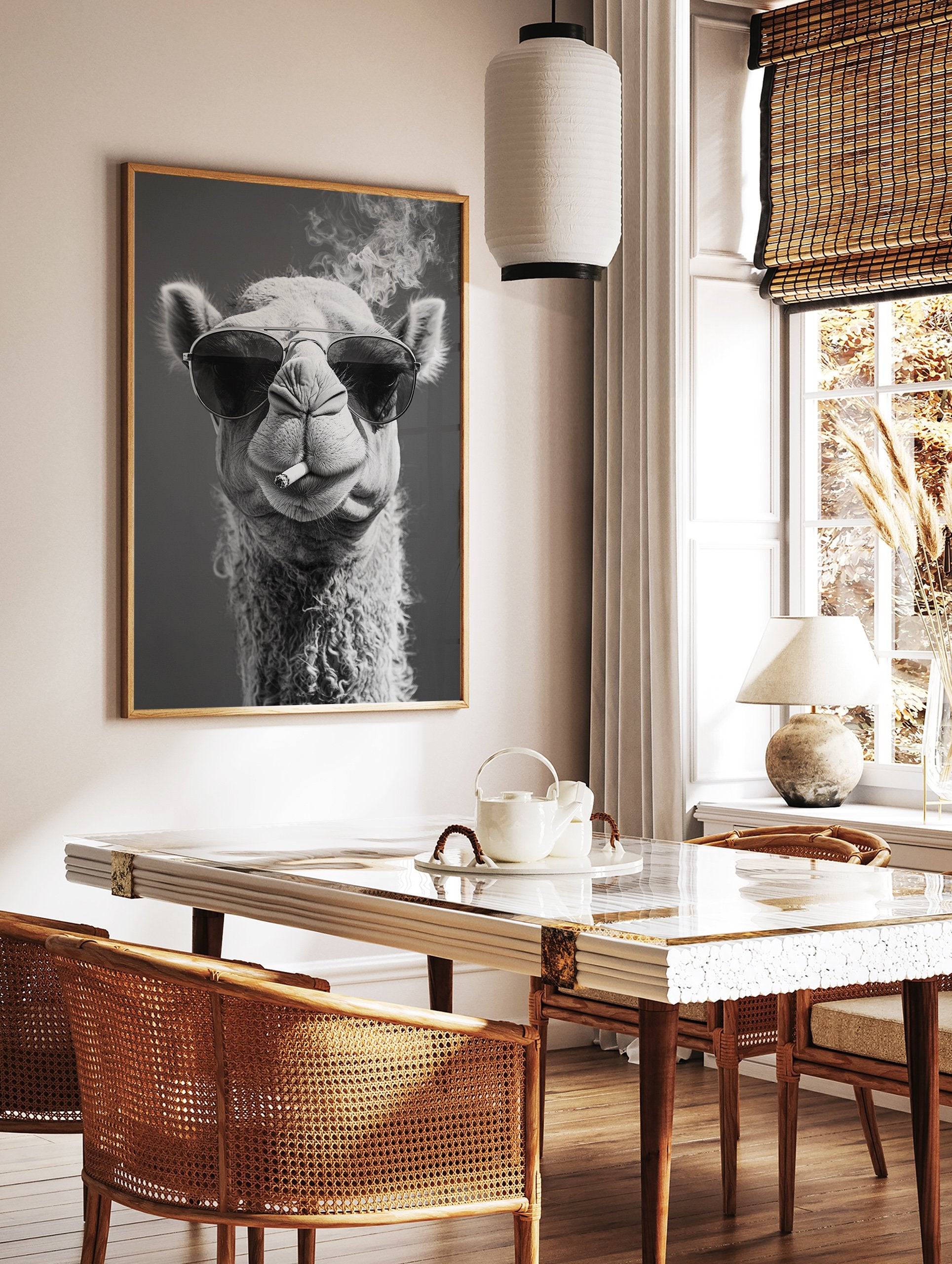 Black and white camel poster wearing sunglasses and smoking a cigarette, with smoke rising above its head. - Image 2